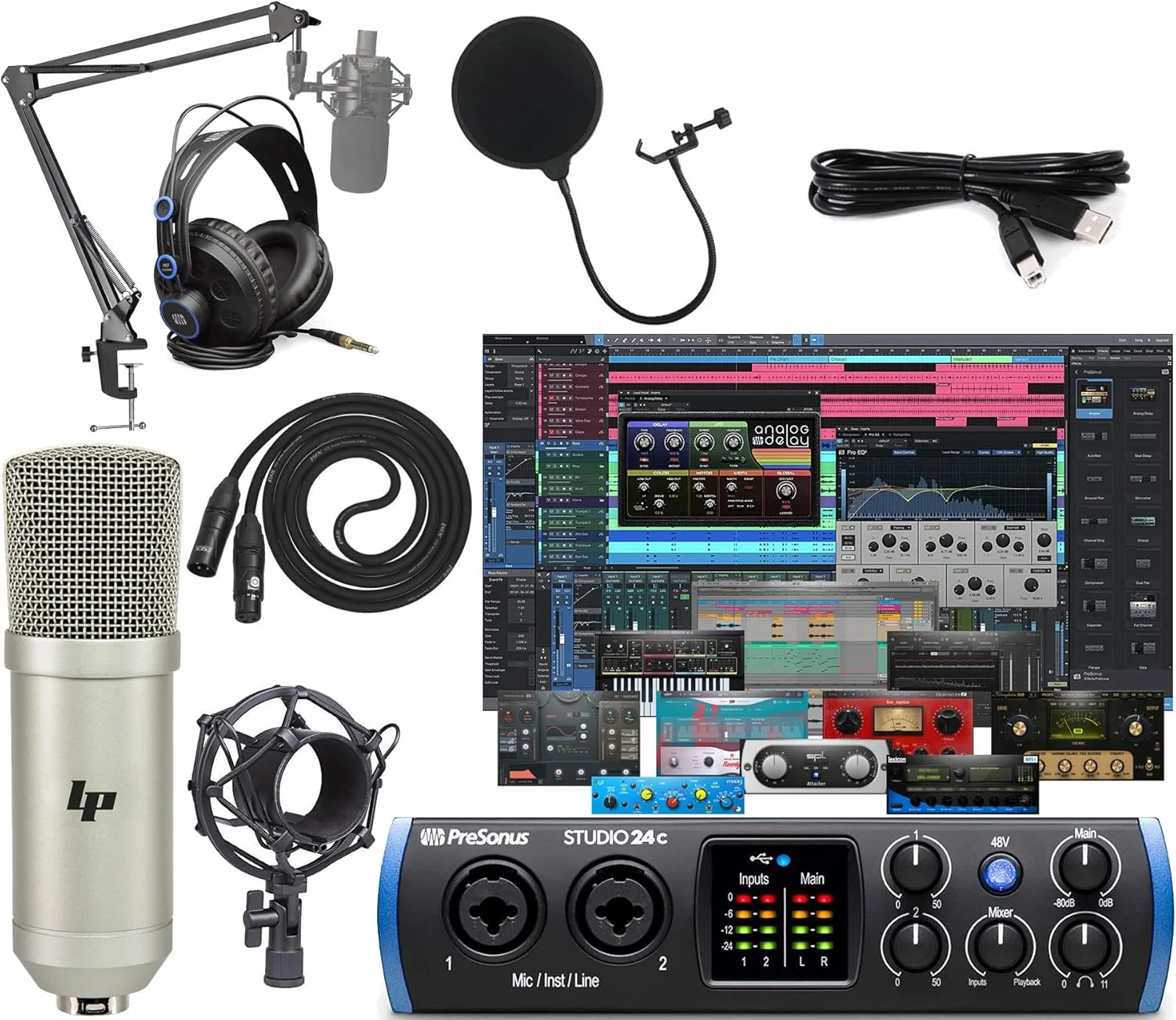 اینترفیس صوتی/MIDI مدل PreSonus Studio 24c 2x2 USB Type-C به همراه بسته نرم‌افزاری Studio One Artist و کیت بازوی بوم قابل تنظیم + هدفون Presonus HD7