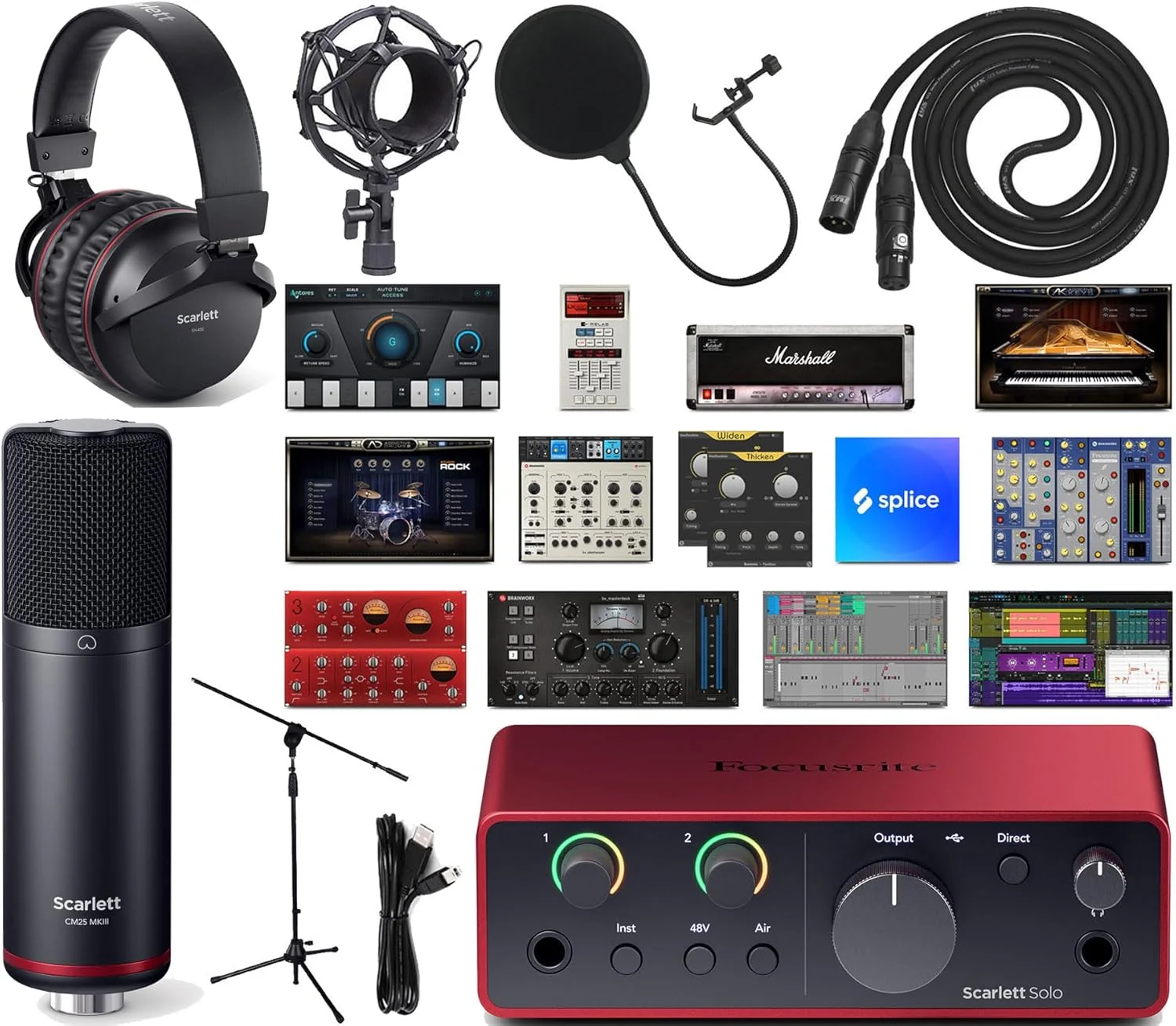 مجموعه استودیویی کامل کارت صدای USB 2x2 Focusrite Scarlett Solo Studio نسل 4 به همراه بسته نرم‌افزاری خلاقانه اختصاصی، هدفون Scarlett و میکروفون کاندنسر به همراه کابل XLR و لرزه‌گیر