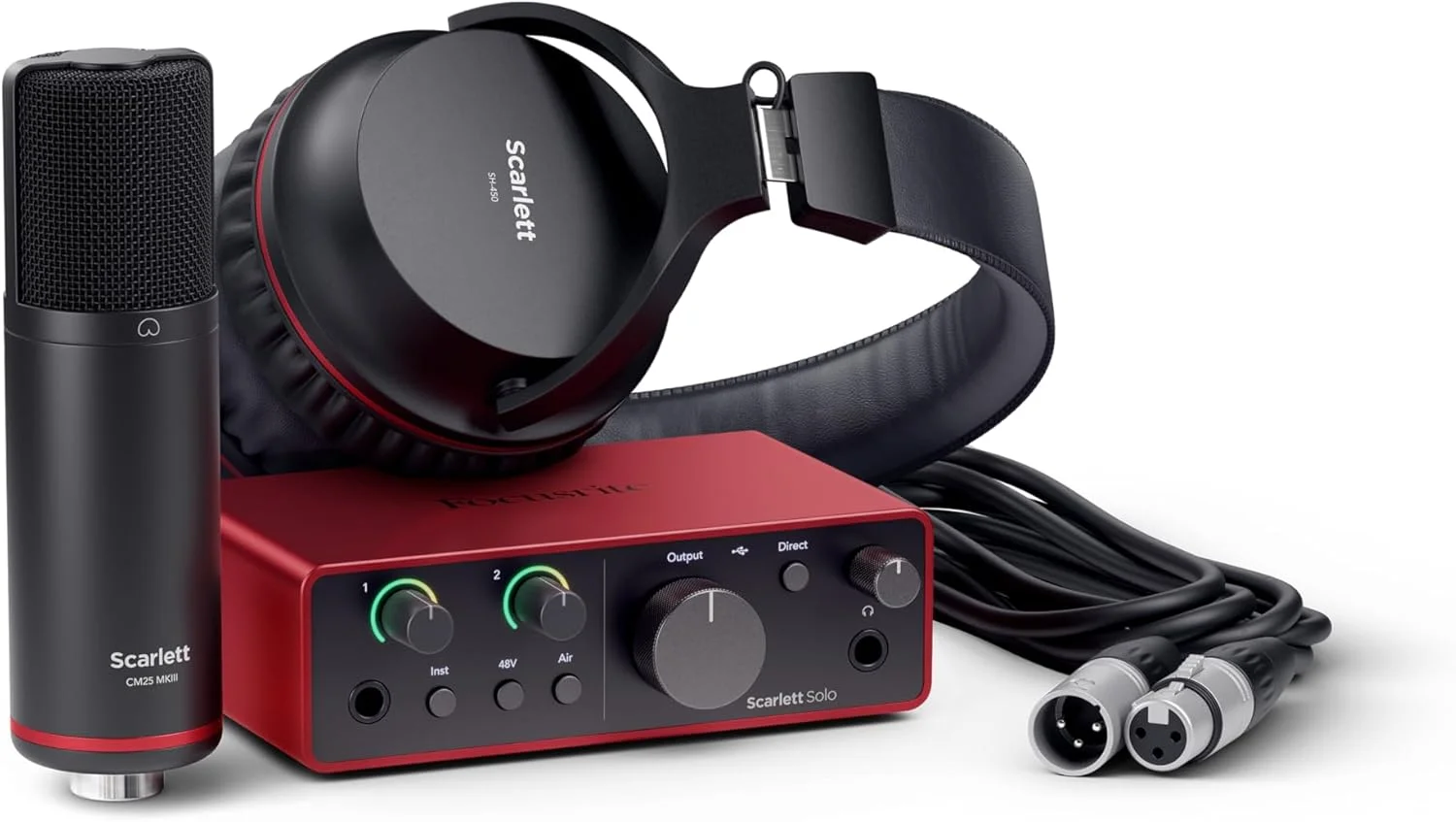 بسته استودیویی کارت صدای USB Focusrite Scarlett Solo Studio نسل 4، مناسب برای آهنگسازان، نوازندگان گیتار یا خوانندگان به همراه میکروفون کاندنسر و هدفون برای ضبط، آهنگسازی و پادکست