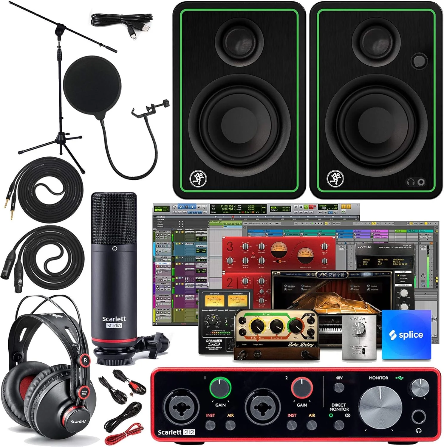 بسته استودیویی کارت صدای USB Focusrite Scarlett 2i2 نسل سوم به همراه مانیتور، پایه میکروفون بوم، کابل میکروفون، پاپ فیلتر و کابل اتصال (6 قطعه)