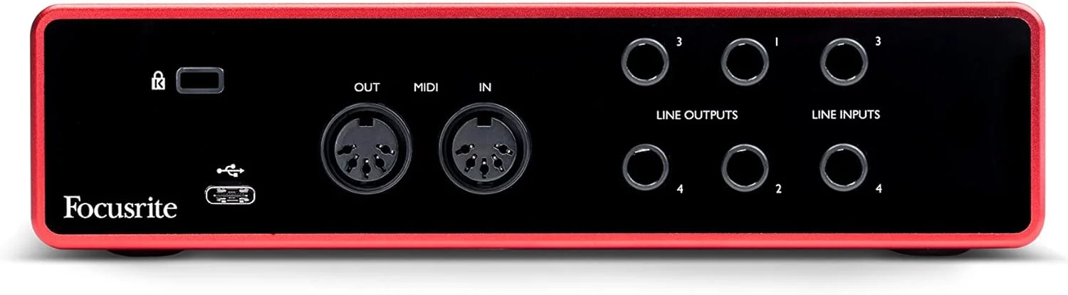 مجموعه کامل استودیویی کارت صدای USB فوکوسرایت Scarlett 4i4 4x4 به همراه نرم‌افزار آهنگسازی، یک جفت مانیتور استودیویی Eris 4.5 و کابل‌های ساز 1/4 اینچی