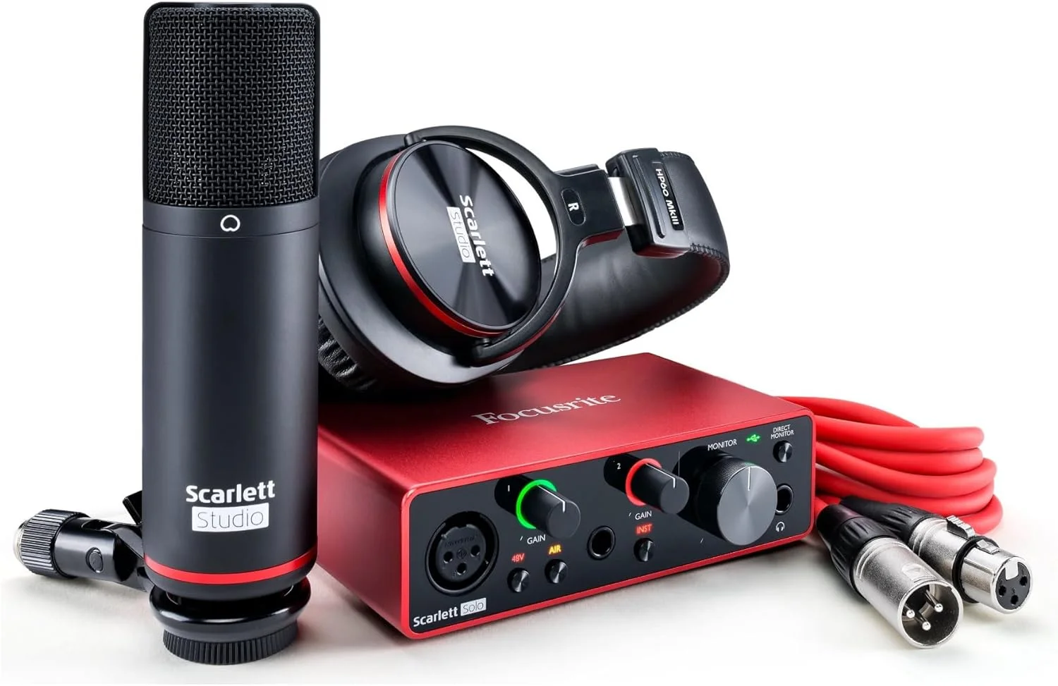 مجموعه استودیویی Focusrite Scarlett Solo نسل سوم شامل کارت صدای USB، پایه میکروفون بوم، کابل های میکروفون و پاپ فیلتر (5 قطعه)