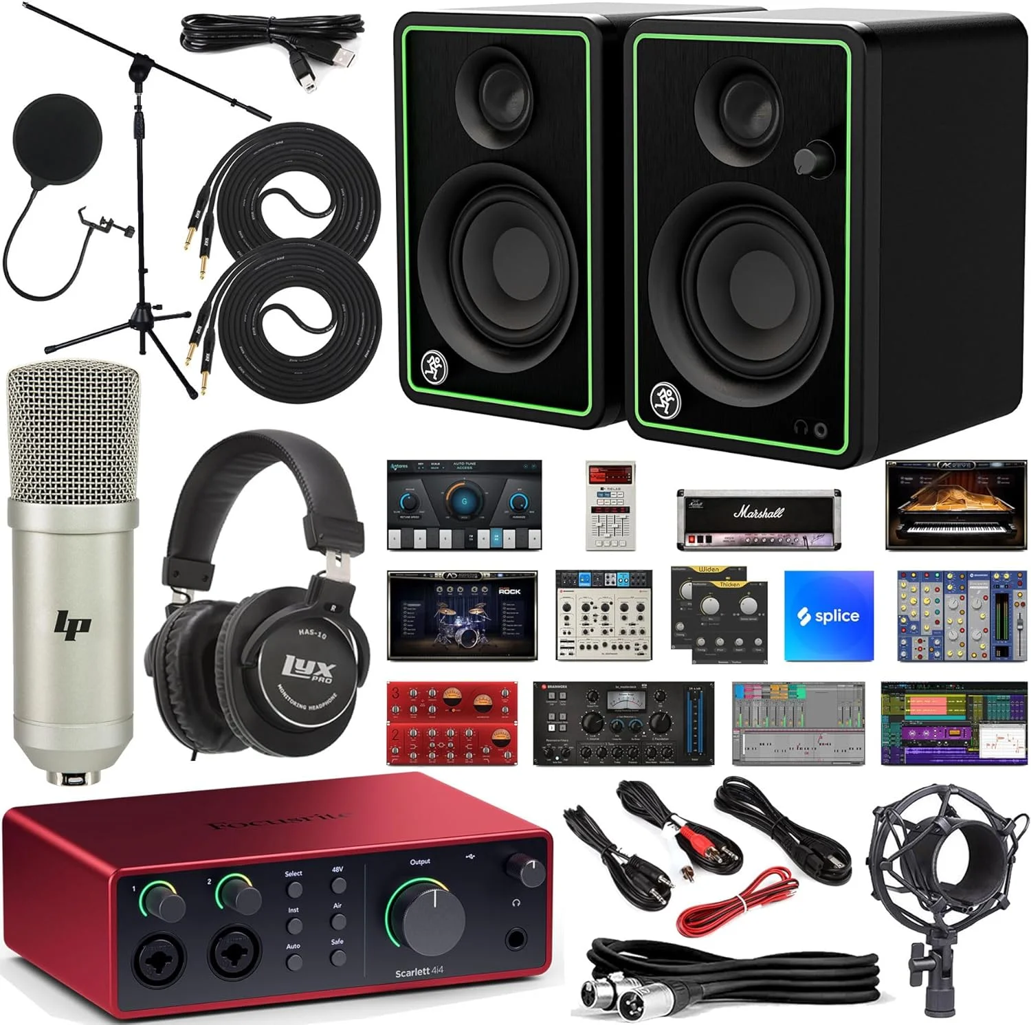 کیت کامل کارت صدای Focusrite Scarlett 4i4 USB-C Audio/MIDI به همراه بسته نرم‌افزاری اختصاصی، مانیتورهای استودیویی CR3-X، کیت میکروفون حرفه‌ای و هدفون ضبط