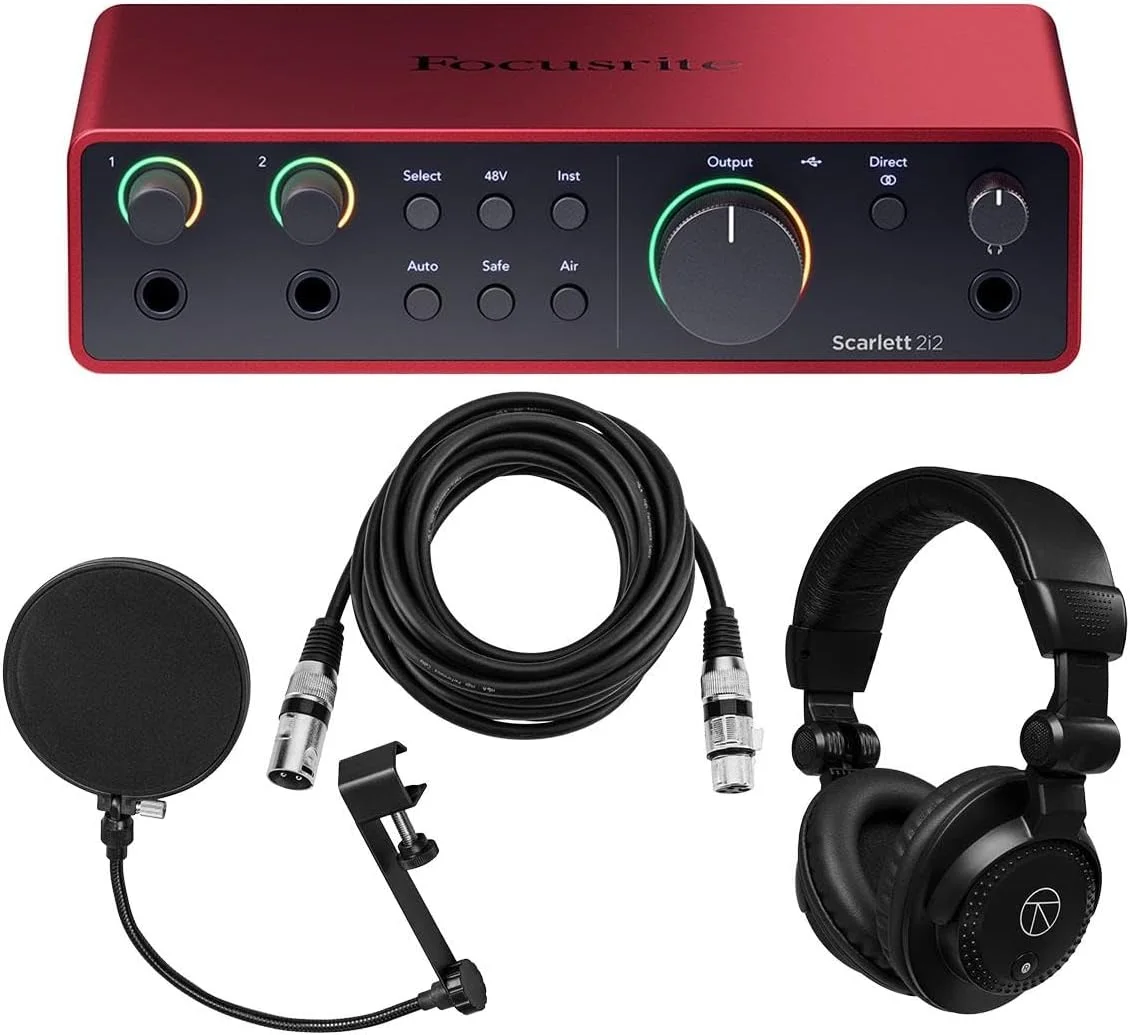 کارت صدای USB Focusrite Scarlett 2i2 نسل 4 به همراه بسته نرم افزاری، به همراه هدفون استودیویی پشت بسته Baco و کابل میکروفون XLR 15 فوتی و پاپ فیلتر گردنی (4 قطعه)
