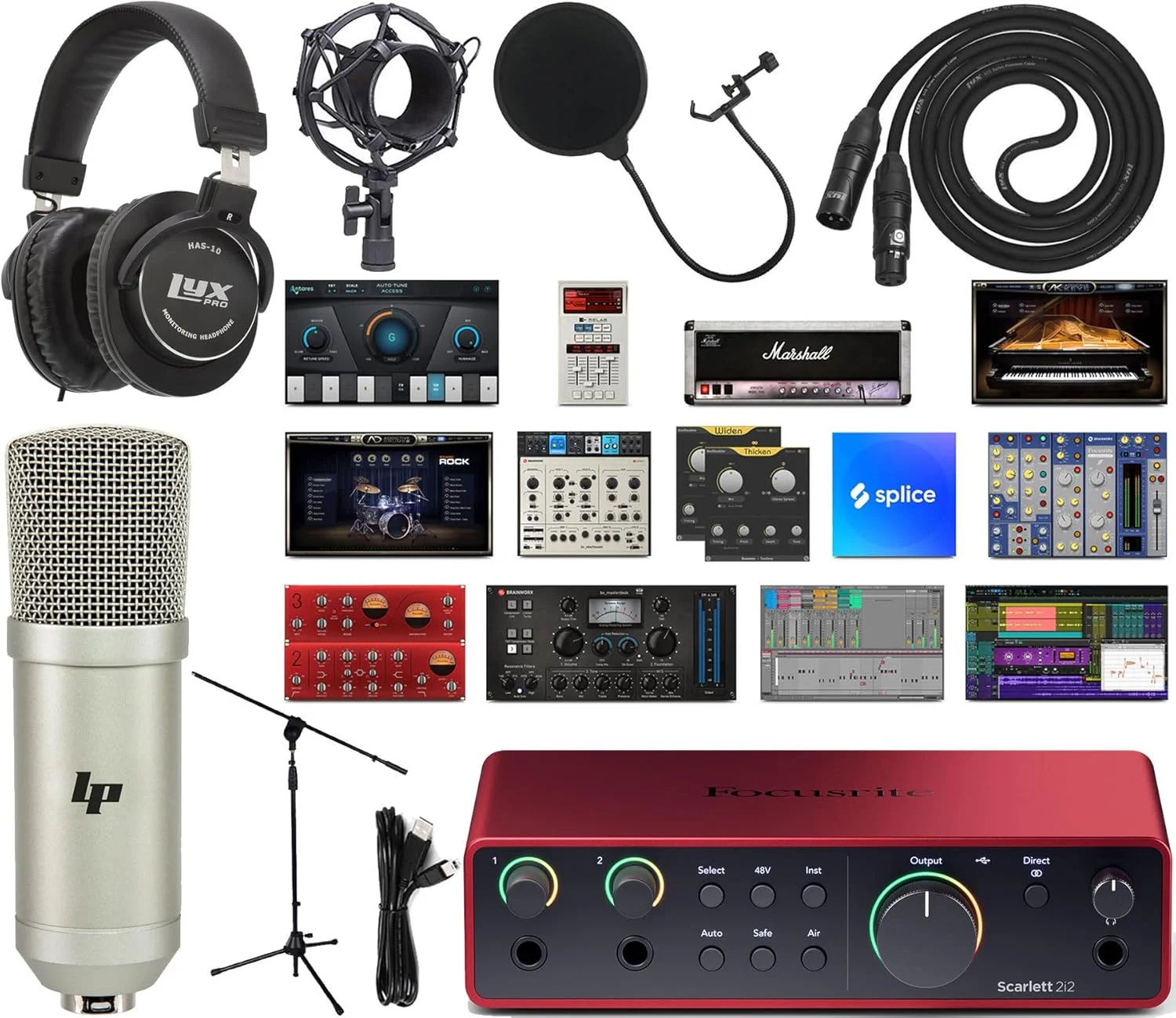 بسته کارت صدای USB نسل چهارم Focusrite Scarlett 2i2 به همراه کیت نرم‌افزاری انحصاری تولید موسیقی خلاقانه و میکروفون کاندنسر LP به همراه کابل XLR و لرزه‌گیر