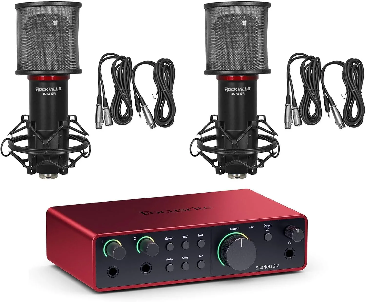 بسته صوتی: کارت صدای استودیویی USB Focusrite Scarlett 2i2 نسل 4 + بسته نرم افزاری به همراه (2) میکروفون کاندنسر استودیویی/ضبط Rockville RCM SR (3 قلم کالا)