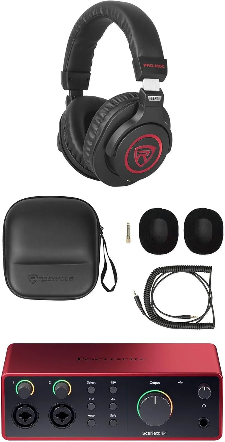 مجموعه Audiosavings: (1) هدفون استودیویی Rockville PRO-M50 SR + کابل فنری جداشدنی + پد گوشی به همراه (1) کارت صدای USB Focusrite Scarlett 4i4 نسل 4 برای ضبط استودیویی + نرم افزار (2 مورد) مجموعه Audiosavings: (1) هدفون استودیویی Rockville PRO-M50 SR + کابل فنری جداشدنی + پد گوشی به همراه (1) کارت صدای USB Focusrite Scarlett 4i4 نسل 4 برای ضبط استودیویی + نرم افزار (2 مورد)