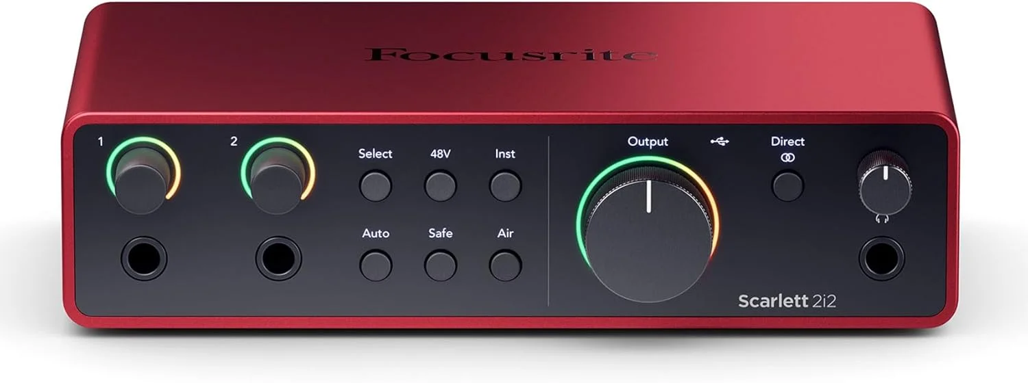 پکیج Audiosavings: کارت صدای USB Scarlett 2i2 نسل 4 به همراه نرم‌افزار + میکروفون سیم‌دار Rockville RMIC-SR مناسب ضبط صدا و وکال دی‌جی + کابل + کیف میکروفون (2 قطعه)