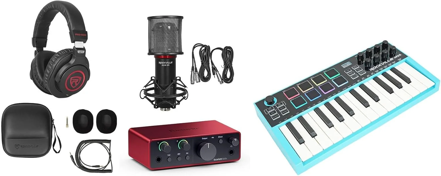 بسته صوتی: کارت صدای USB Focusrite Scarlett Solo نسل 4 به همراه هدفون Rockville PRO-M50 SR + کنترلر میدی کیبورد USB با 25 کلید M25 + میکروفون RCM SR (شامل 4 مورد) بسته صوتی: کارت صدای USB Focusrite Scarlett Solo نسل 4 به همراه هدفون Rockville PRO-M50 SR + کنترلر میدی کیبورد USB با 25 کلید M25 + میکروفون RCM SR (شامل 4 مورد)