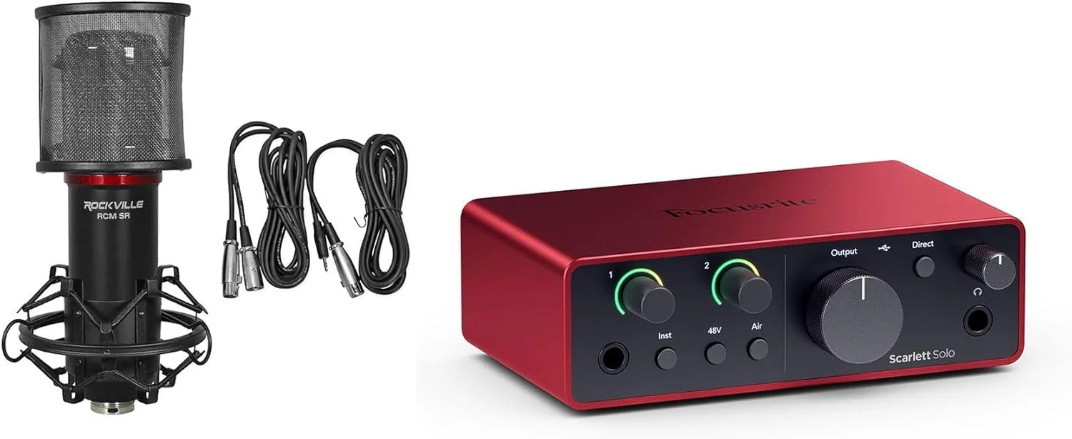 بسته Audiosavings: کارت صدای USB Focusrite Scarlett Solo نسل 4 برای ضبط استودیویی + بسته نرمافزاری به همراه میکروفون کاندنسر استودیویی/ضبط Rockville RCM SR با خازنهای سامسونگ (2 مورد) بسته Audiosavings: کارت صدای USB Focusrite Scarlett Solo نسل 4 برای ضبط استودیویی + بسته نرمافزاری به همراه میکروفون کاندنسر استودیویی/ضبط Rockville RCM SR با خازنهای سامسونگ (2 مورد)