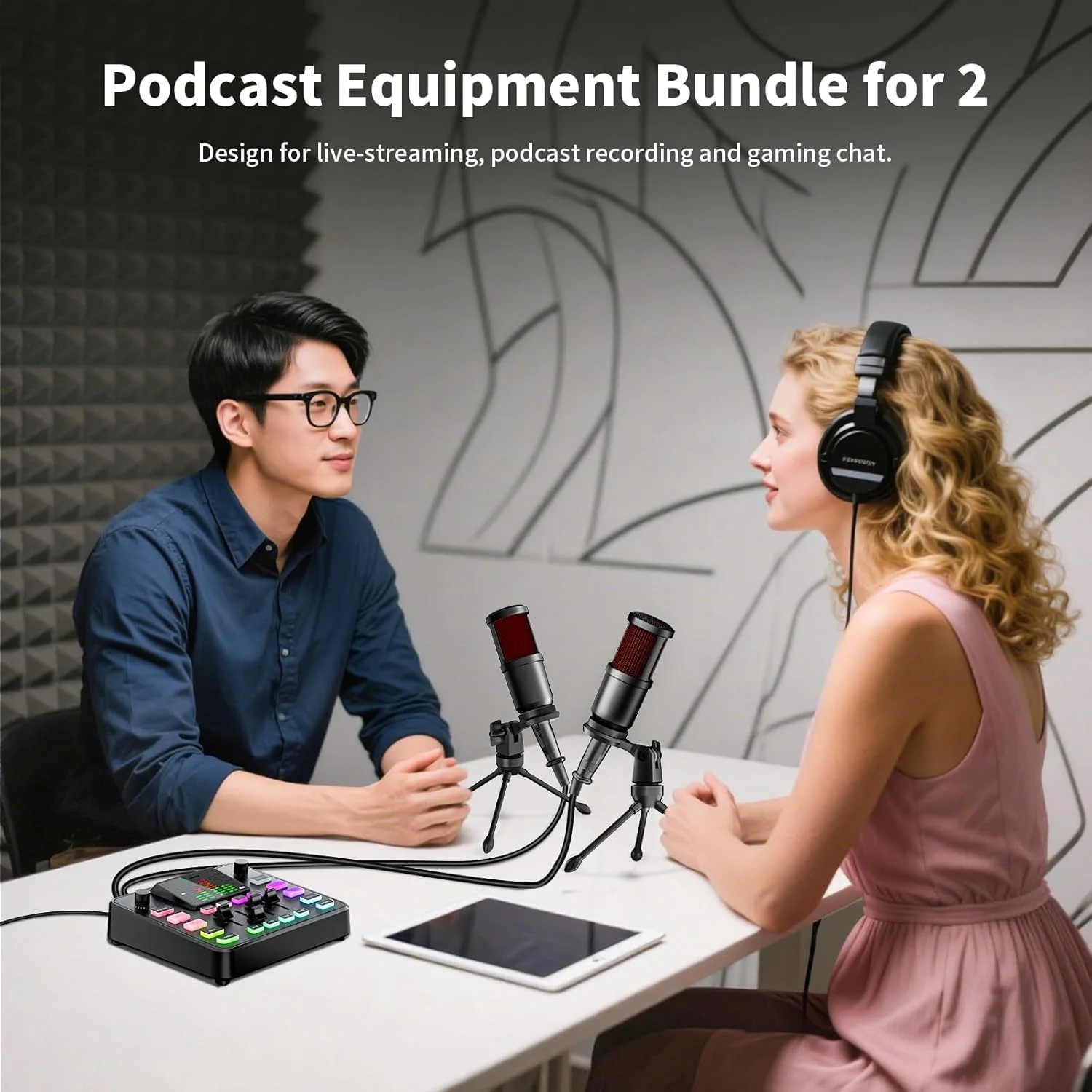 مجموعه تجهیزات پادکست، میکسر صوتی PUPGSIS با میکروفون دینامیک، پری امپ حرفه ای، بلوتوث 5.3، مجموعه تجهیزات گیمینگ برای ضبط پادکست، پخش زنده، وکال ویدئویی، تلفن، دی جی