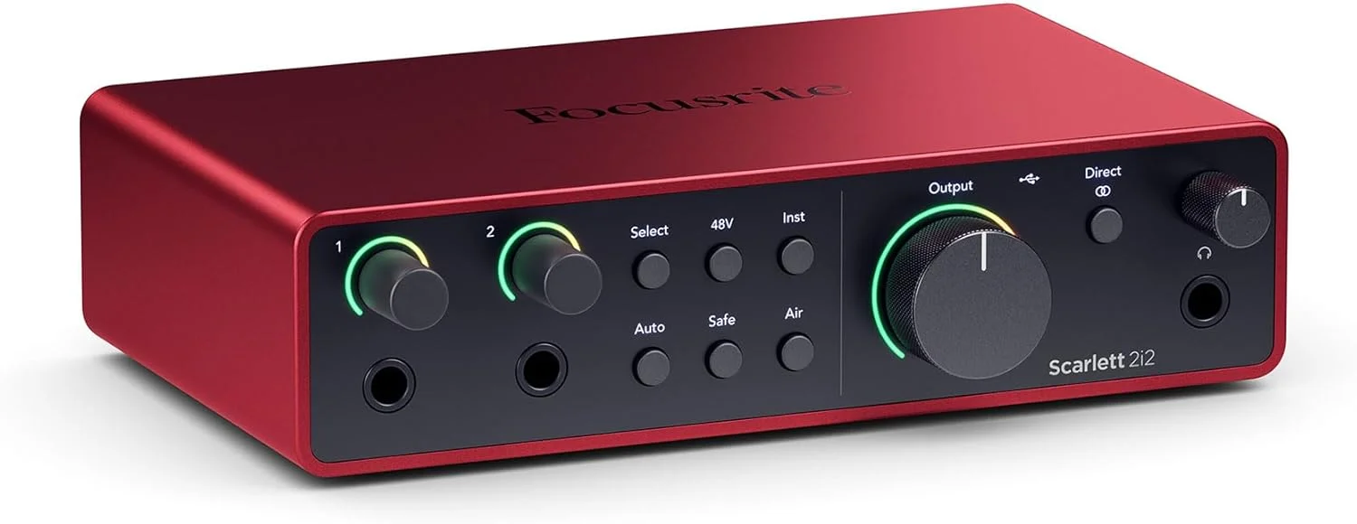 بسته صوتی: کارت صدای استودیویی USB Focusrite Scarlett 2i2 نسل 4 + بسته نرم افزاری به همراه میکروفون کاندنسر استودیویی Rockville RCM SR با خازن های سامسونگ (2 قطعه)