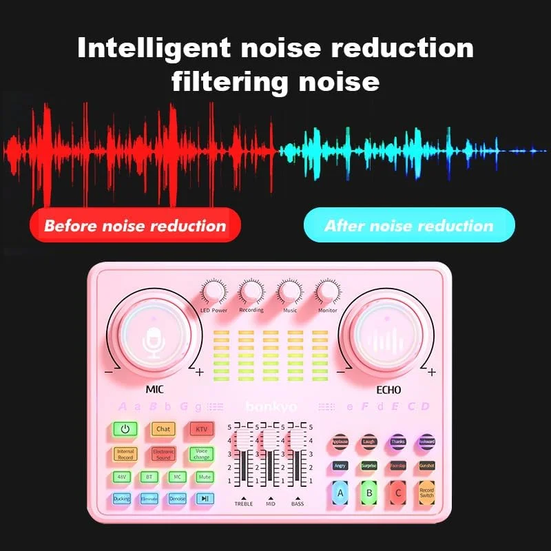 پکیج تجهیزات پادکست: کارت صدا و میکسر DJ20 با میکروفون XLR، تغییر صدا، باتری 2400mAh برای پادکست، پخش زنده TikTok و بازی (صورتی)