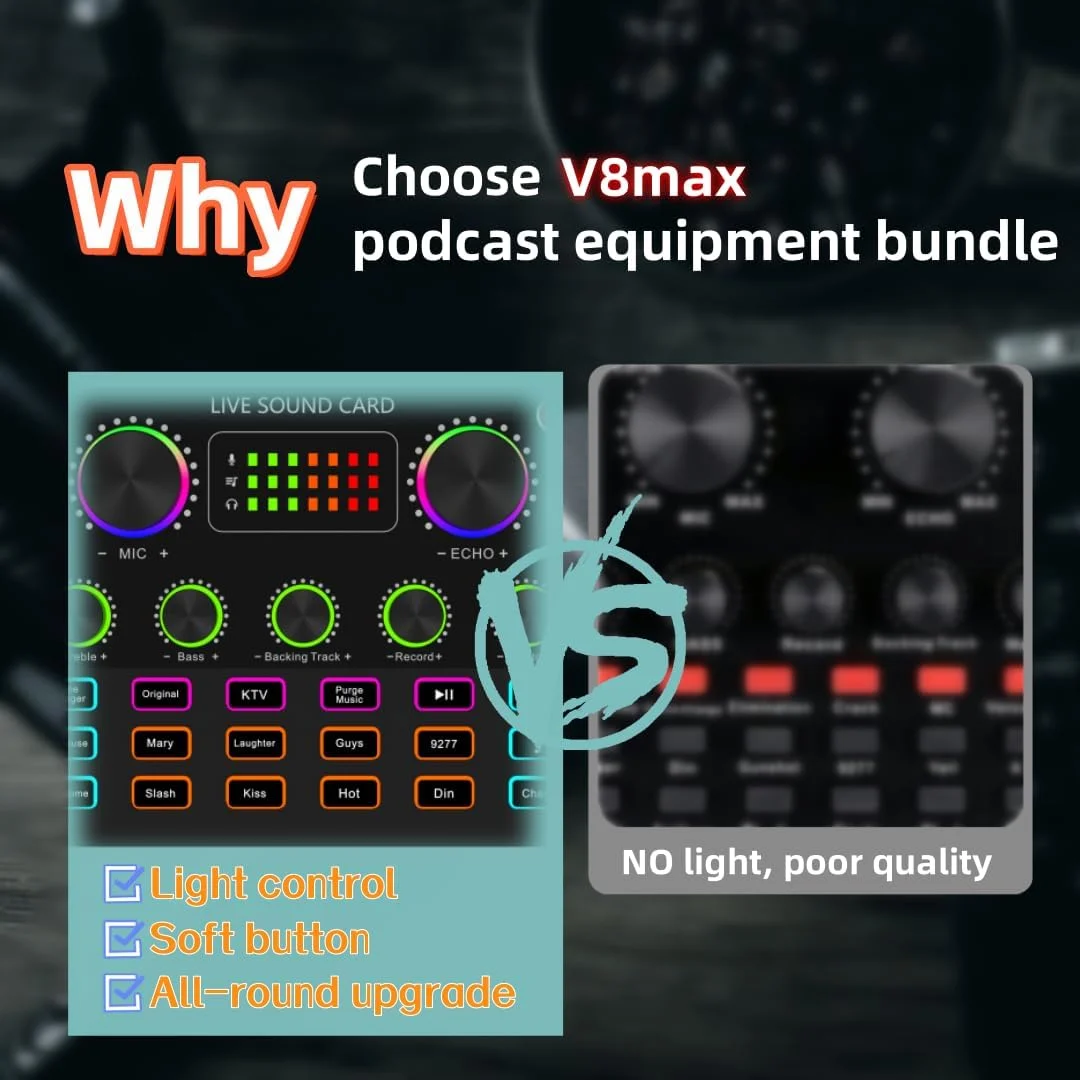 مجموعه تجهیزات پادکست برای 2 نفر، رابط صوتی V8mx با میکروفون های کاندنسر تغییر صدا برای گیمر، میکسر صوتی همه کاره مناسب برای پخش زنده، آواز خواندن، یوتیوب و بازی (V8MAX KIT FOR 2)