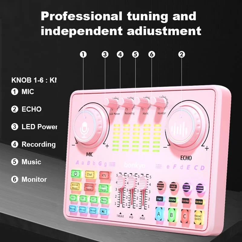 پکیج تجهیزات پادکست: کارت صدا و میکسر DJ20 با میکروفون XLR، تغییر صدا، باتری 2400mAh برای پادکست، پخش زنده TikTok و بازی (صورتی)