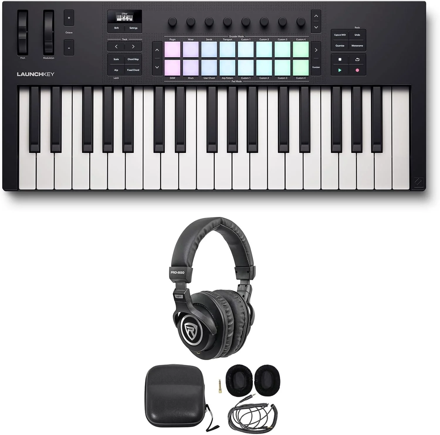 مجموعه Audiosavings: Novation LAUNCHKEY 37 MK4 کنترلر کیبورد میدی USB با 37 کلید به همراه هدفون استودیویی Rockville PRO-M50 با کابل فنری جداشدنی، کیف و پد گوشی اضافی (2 قطعه) مجموعه Audiosavings: Novation LAUNCHKEY 37 MK4 کنترلر کیبورد میدی USB با 37 کلید به همراه هدفون استودیویی Rockville PRO-M50 با کابل فنری جداشدنی، کیف و پد گوشی اضافی (2 قطعه)