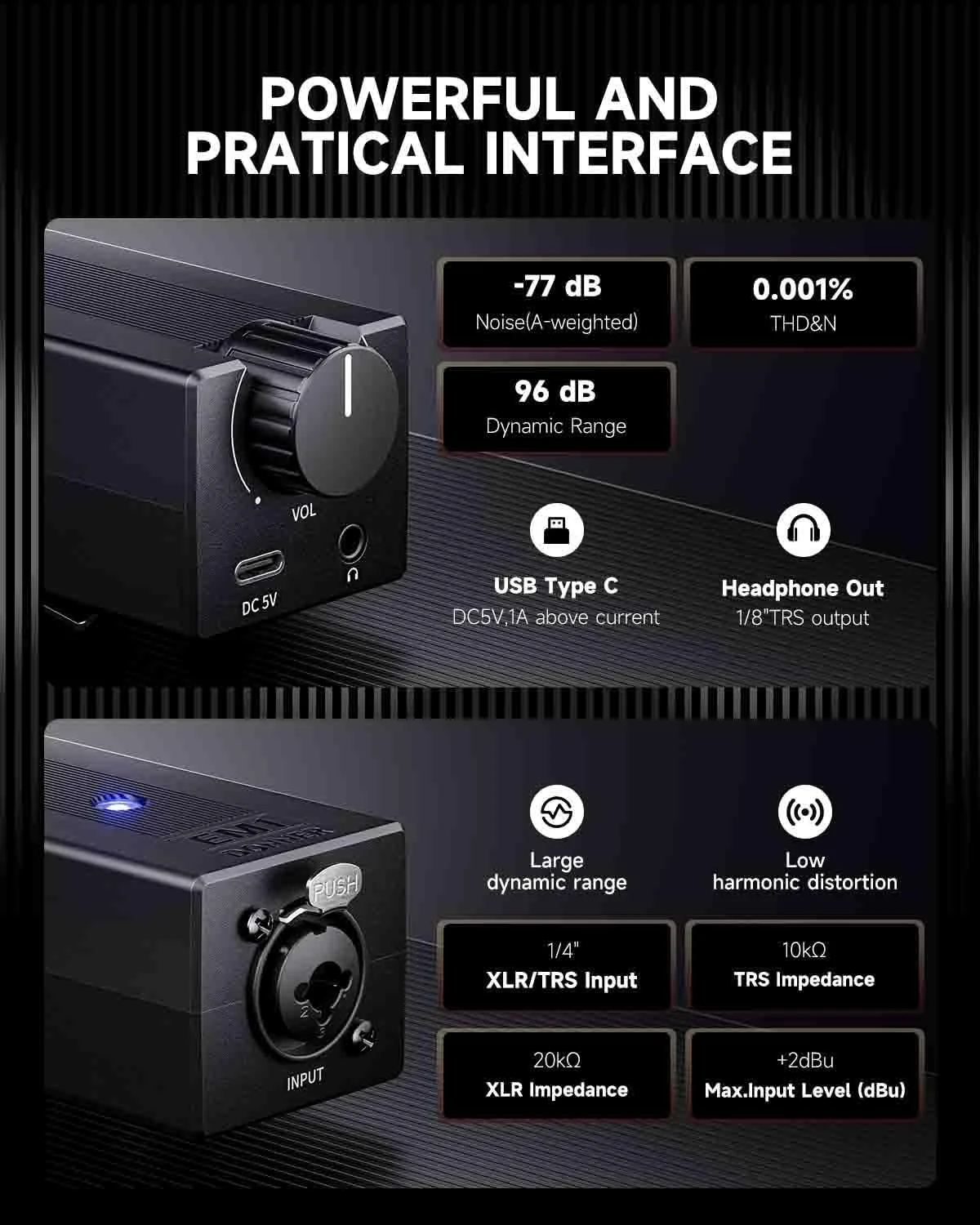 تقویت کننده هدفون آنالوگ قابل حمل Donner EM1، تقویت کننده هدفون استریو قابل شارژ، با کنترل صدا، تقویت کننده صدا، ورودی XLR، TRS، جک خروجی 3.5 میلی متری، مشکی
