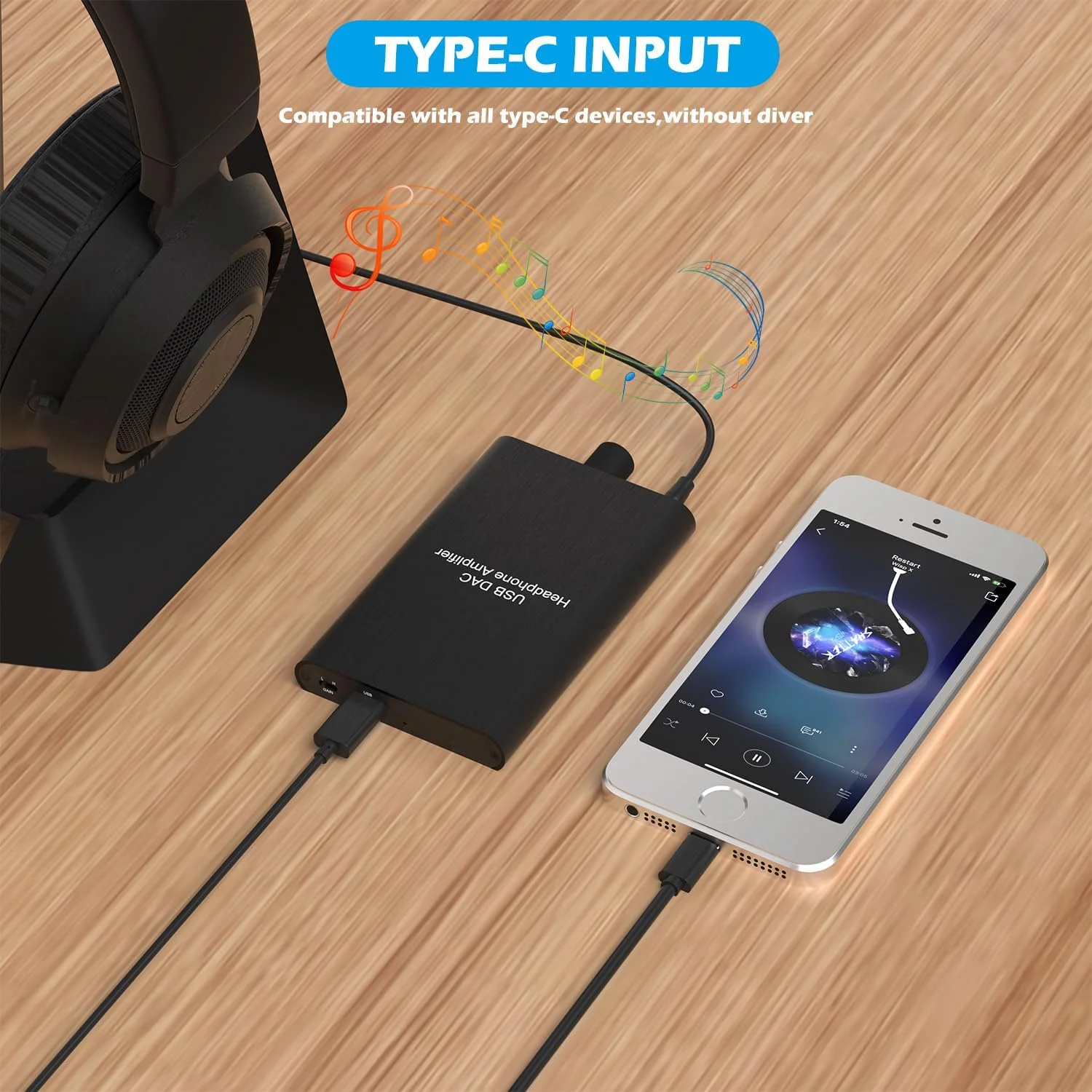 تقویت کننده هدفون HiFi با امپدانس 16-600Ω، پشتیبانی از USB-C، ورودی AUX 3.5 میلی‌متری و Type-C، قابل استفاده با تلفن همراه، PS4، PS5، لپ تاپ یا سیستم دسکتاپ