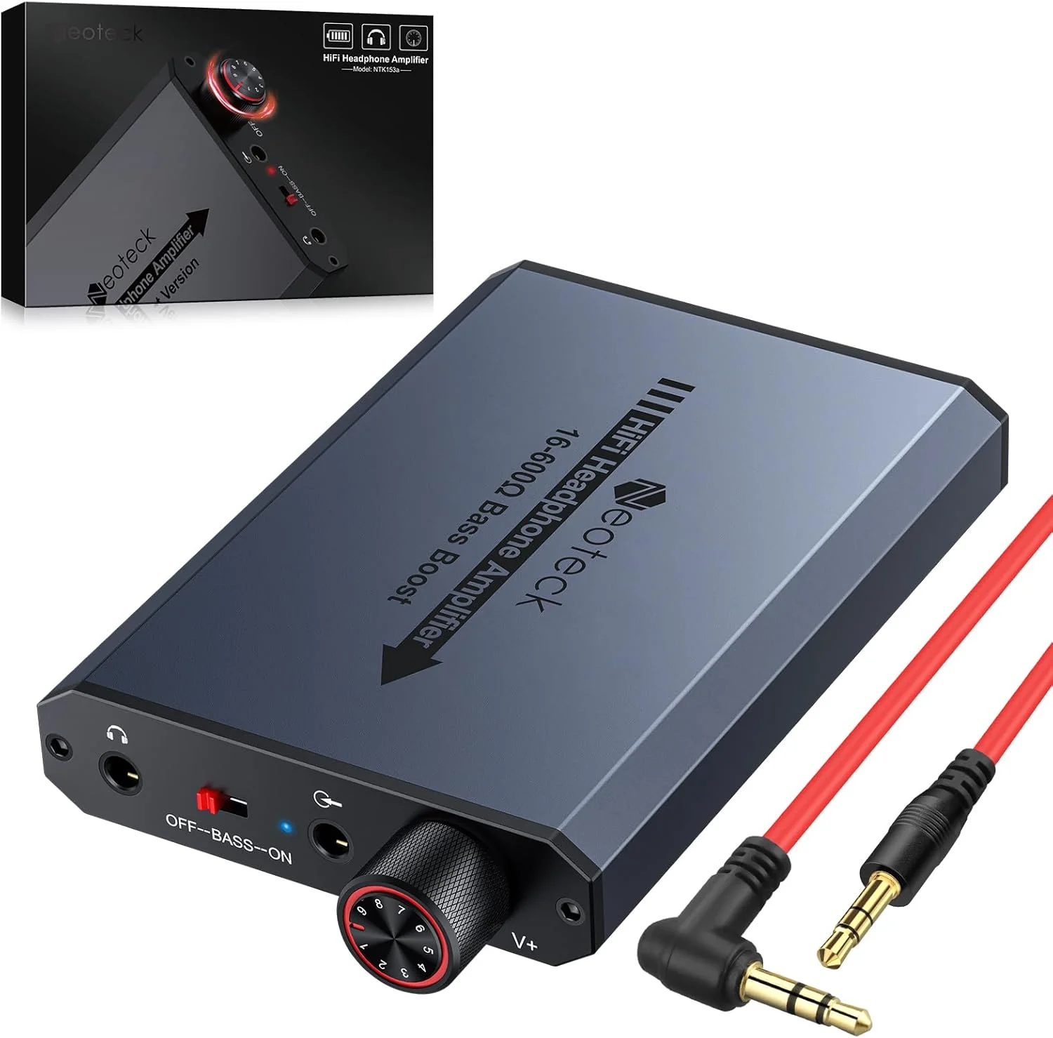 تقویت کننده هدفون 3.5 میلی متری Neoteck با تقویت بیس، تقویت کننده هدفون HiFi قابل حمل، 16-600 اهم، سطح مات آلومینیومی برای مک، تلفن، آیپد، MP3، MP4 کامپیوتر PS4 PS5 کنترلر - خاکستری تیره