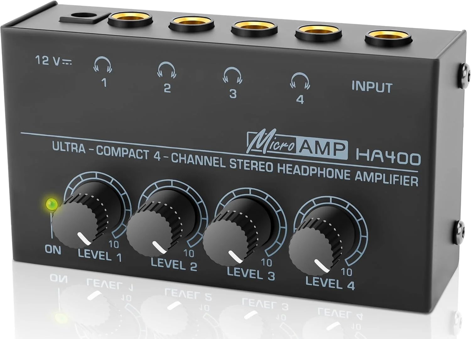 تقویت کننده هدفون HA400 - تقویت کننده صوتی استریو فلزی 4 کاناله، تقویت کننده صوتی مینی هدفون با آداپتور برق 12 ولت 1 آمپر، خروجی هدفون TRS 1/4 اینچی و ورودی صوتی TRS برای استودیو گیتار PC
