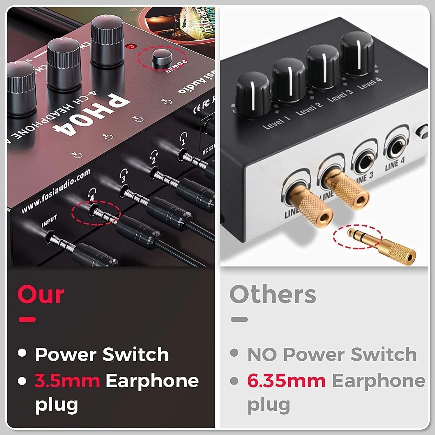 Fosi Audio PH04 تقویت کننده هدفون 4 کاناله استریو همراه با آداپتور برق 12 ولت 1 آمپر، اسپلیتر هدفون فوق العاده جمع و جور قابل حمل برای استودیو و استیج
