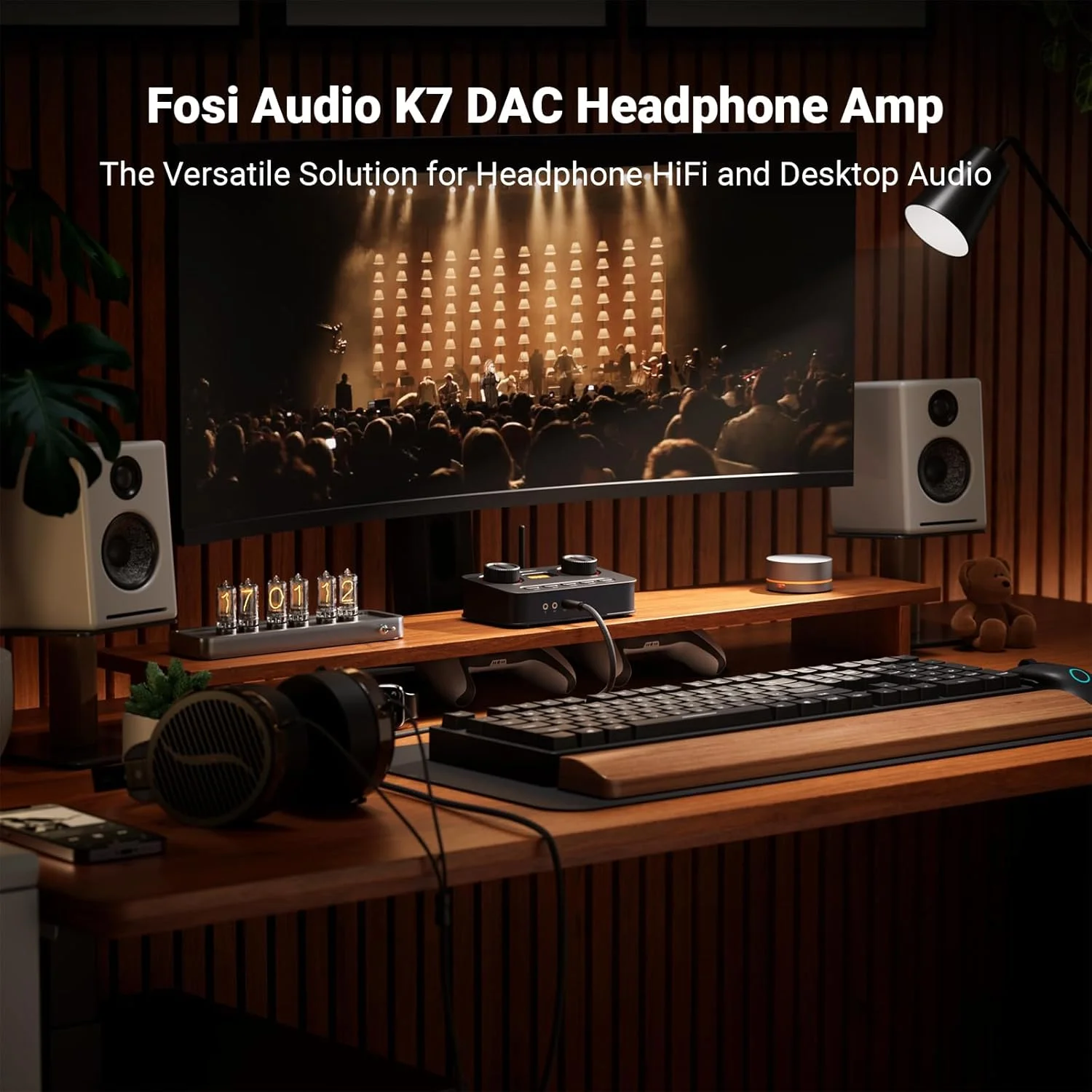 آمپلی فایر هدفون DAC صوتی Fosi مدل K7، مبدل صوتی دیجیتال به آنالوگ USB C رومیزی برای محیط کار و گیمینگ PC PS5، ورودی اپتیکال/کواکسیال/بلوتوث aptX HD LL/میکروفون، خروجی 3.5 میلی متری/4.4 میلی متری بالانس/RCA