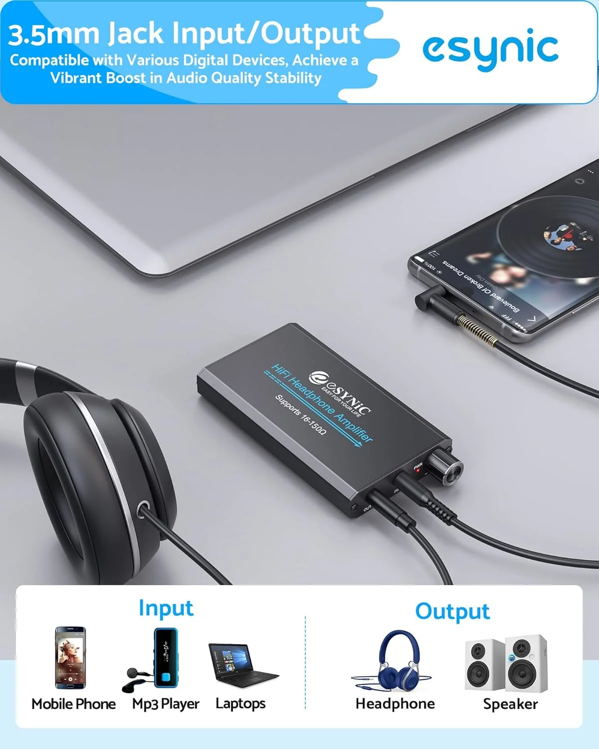 تقویت کننده هدفون قابل حمل eSynic 16-150Ω Hi-Fi با جک 3.5 میلی متری، قابل شارژ با سوییچ تقویت 2 مرحله ای - بدنه آلیاژ آلومینیوم و 12 ساعت پخش برای ماشین/MP3&4/تلفن/کامپیوتر/لپ تاپ (AUX 3.5mm)