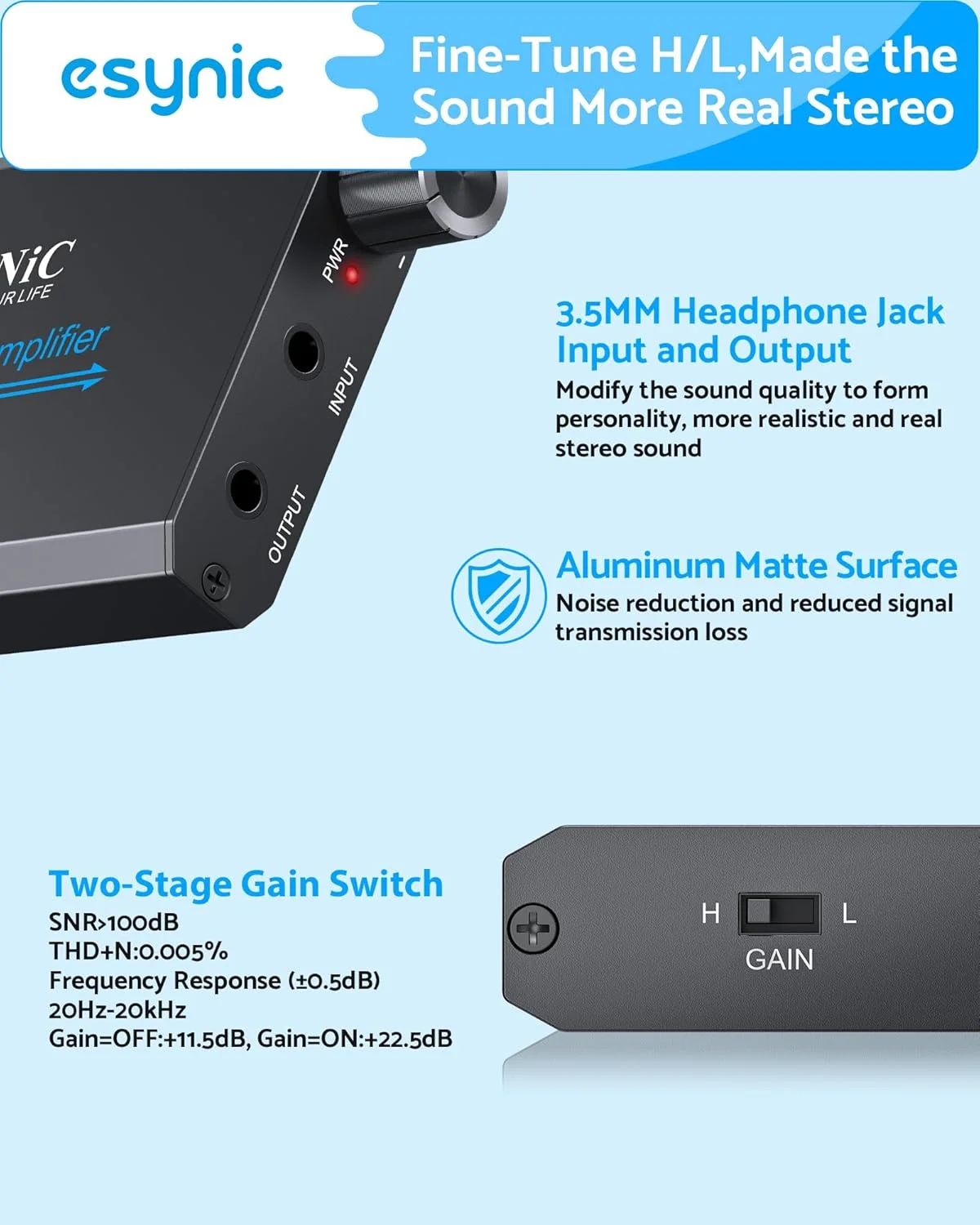 تقویت کننده هدفون قابل حمل eSynic 16-600Ω - آمپلی فایر هدفون صوتی HiFi 3.5 میلی متری قابل شارژ با سوئیچ افزایش 2 مرحله ای - بدنه آلیاژ آلومینیوم و 12 ساعت پخش - 0.0005% THD برای MP3/تلفن/رایانه شخصی/لپ تاپ/خودرو (AUX 3.5 میلی متری)