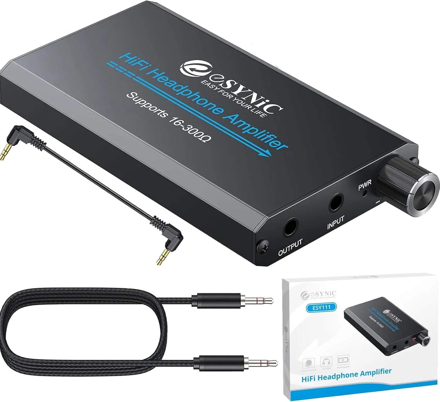 eSynic آمپلی فایر هدفون 16-300 اهم - آمپلی فایر صوتی 3.5 میلی متری Hi-Fi قابل شارژ با سوییچ افزایش صدا و بدنه آلیاژ آلومینیوم - آمپلی فایر هدفون قابل حمل برای تلفن/لپ تاپ/کامپیوتر [همچنین به عنوان آمپلی فایر Aux برای خودرو]