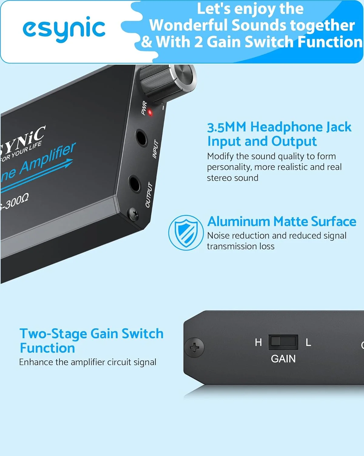 eSynic آمپلی فایر هدفون 16-300 اهم - آمپلی فایر صوتی 3.5 میلی متری Hi-Fi قابل شارژ با سوییچ افزایش صدا و بدنه آلیاژ آلومینیوم - آمپلی فایر هدفون قابل حمل برای تلفن/لپ تاپ/کامپیوتر [همچنین به عنوان آمپلی فایر Aux برای خودرو]