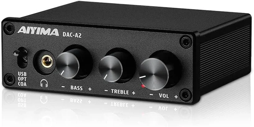 AIYIMA DAC-A2 آمپلی فایر هدفون DAC با کنترل‌های Bass Treble، ورودی‌های PC-USB/Optical/Coaxial، خروجی هدفون RCA/3.5mm، مبدل صوتی دیجیتال به آنالوگ رومیزی DC 5V 24Bit 192kHz