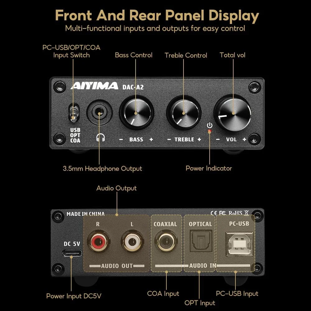AIYIMA DAC-A2 آمپلی فایر هدفون DAC با کنترل‌های Bass Treble، ورودی‌های PC-USB/Optical/Coaxial، خروجی هدفون RCA/3.5mm، مبدل صوتی دیجیتال به آنالوگ رومیزی DC 5V 24Bit 192kHz