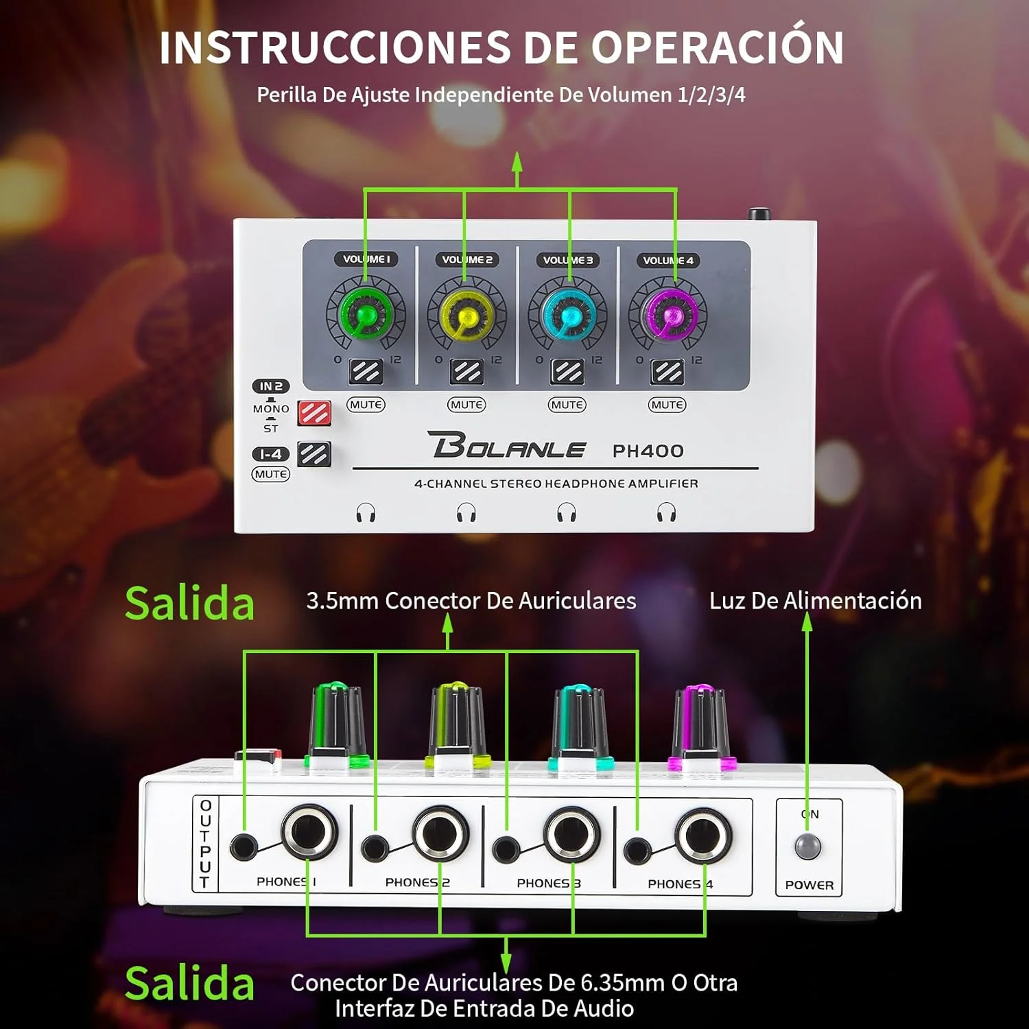 آمپلی فایر هدفون 4 کاناله Bolanle PH400 با 8 پورت خروجی، جک های 3.5 میلی متری و 6.35 میلی متری، سوئیچ مونو/استریو، نور تنفسی 7 رنگ آمپلی فایر هدفون 4 کاناله Bolanle PH400 با 8 پورت خروجی، جک های 3.5 میلی متری و 6.35 میلی متری، سوئیچ مونو/استریو، نور تنفسی 7 رنگ