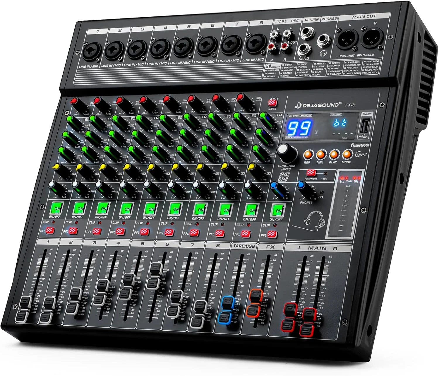 میکسر صوتی حرفه ای 8 کاناله، کنسول میکس FX-8usb با ورودی های XLR، بلوتوث، 99 افکت DSP، MP3، رابط USB برای پادکست، موسیقی، ضبط، PC 13.39"x3.54"x14.57" اینچ