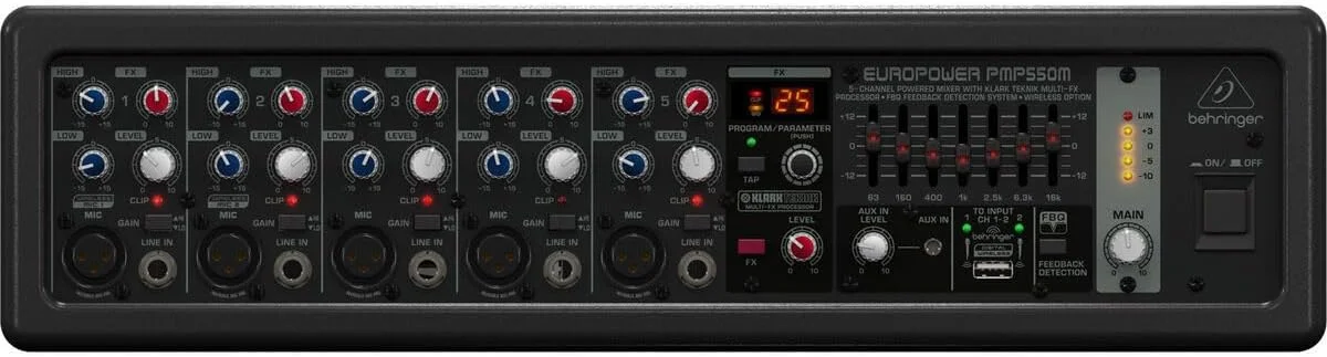 میکسر پاور دار 5 کانال 500 واتی Behringer EUROPOWER PMP550M با پردازنده Multi-FX Klark Teknik و سیستم تشخیص فیدبک FBQ و قابلیت اتصال بی سیم