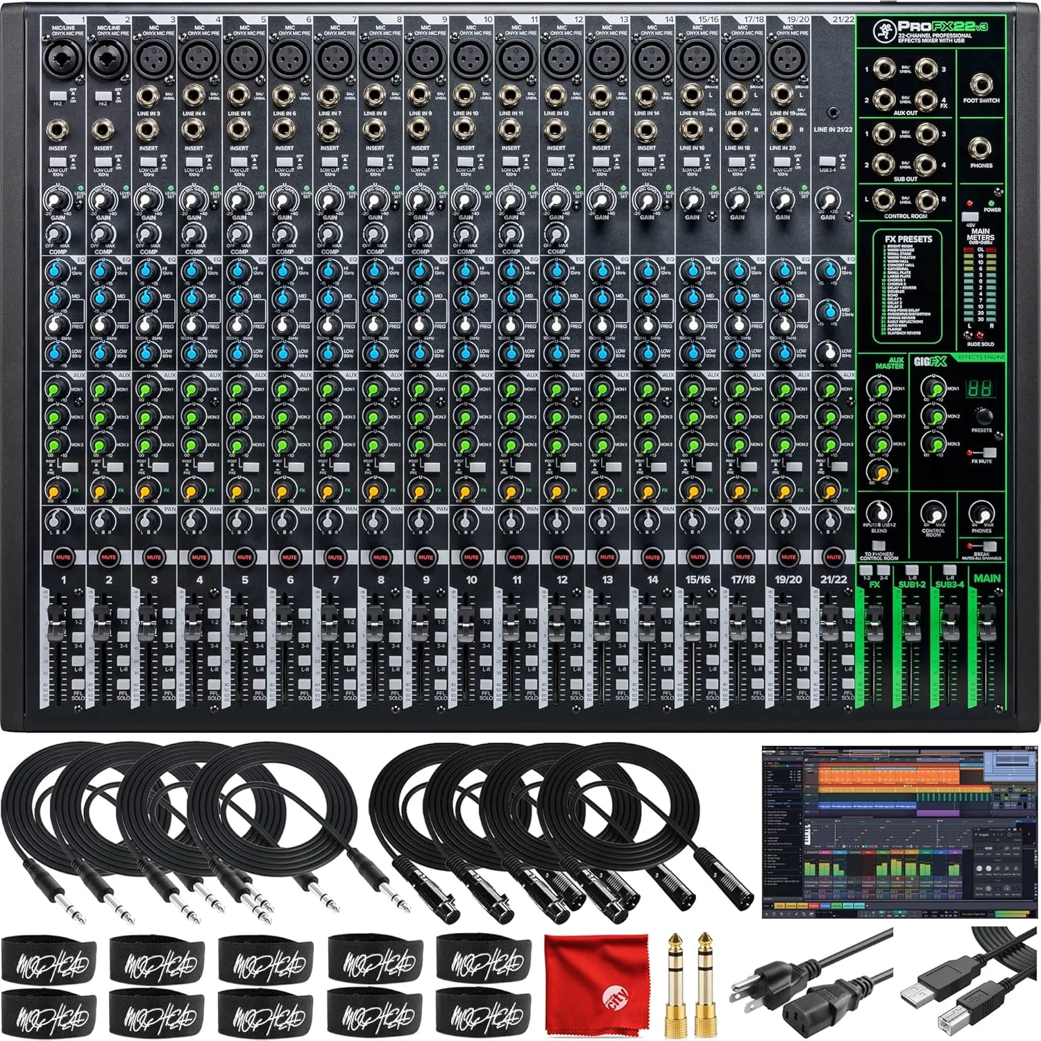 میکسر بدون آمپلی فایر 22 کاناله Mackie ProFX22v3 USB همراه با نرم افزار Waveform OEM DAW، 4 عدد کابل TRS 3 متری Mophead، 4 عدد کابل XLR 3 متری، 2 عدد تبدیل 1/4 اینچ به 3.5 میلی متر، 10 عدد بست کمربندی و پارچه میکروفایبر