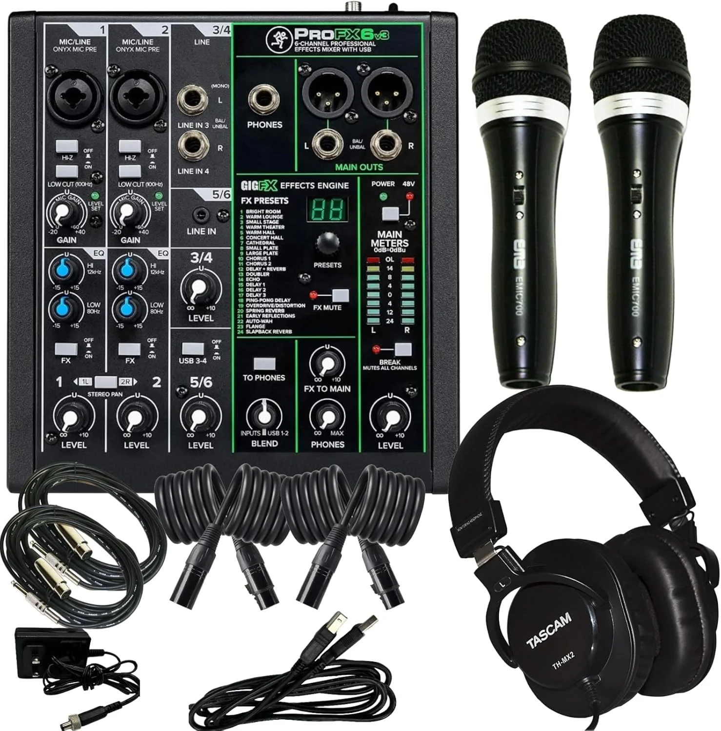میکسر Mackie ProFX6v3 به همراه پری امپ های Onyx، 2 عدد میکروفون EMB EMIC700، هدفون Mix2، کابل های XLR 15 فوتی، کابل های XLR به 1/4، کابل USB-A به USB-B و دوشاخه برق