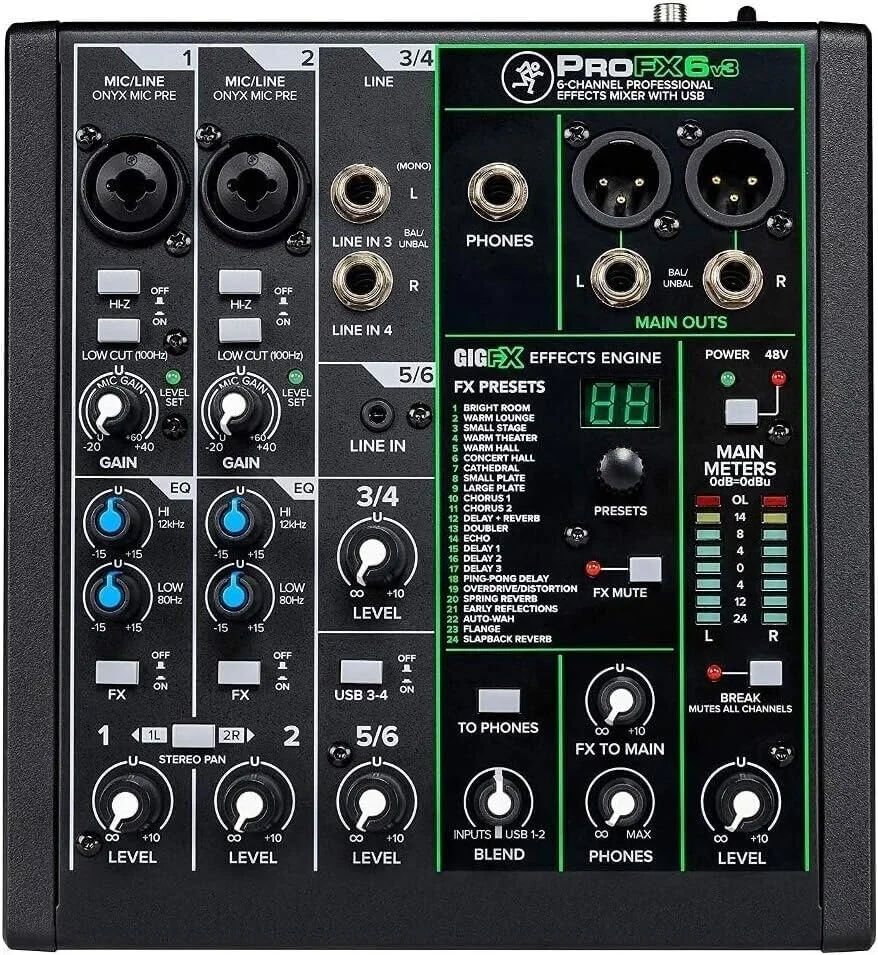 میکسر Mackie ProFX6v3 به همراه پری امپ های Onyx، 2 عدد میکروفون EMB EMIC700، هدفون Mix2، کابل های XLR 15 فوتی، کابل های XLR به 1/4، کابل USB-A به USB-B و دوشاخه برق