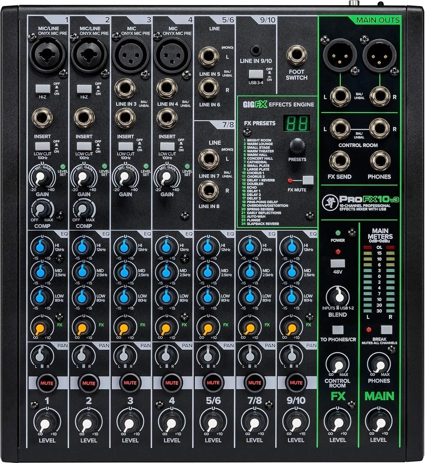 میکسر 10 کاناله Mackie ProFX10v3 با USB، افکتهای داخلی، 3 میکروفون و 6 کابل XLR میکسر 10 کاناله Mackie ProFX10v3 با USB، افکتهای داخلی، 3 میکروفون و 6 کابل XLR