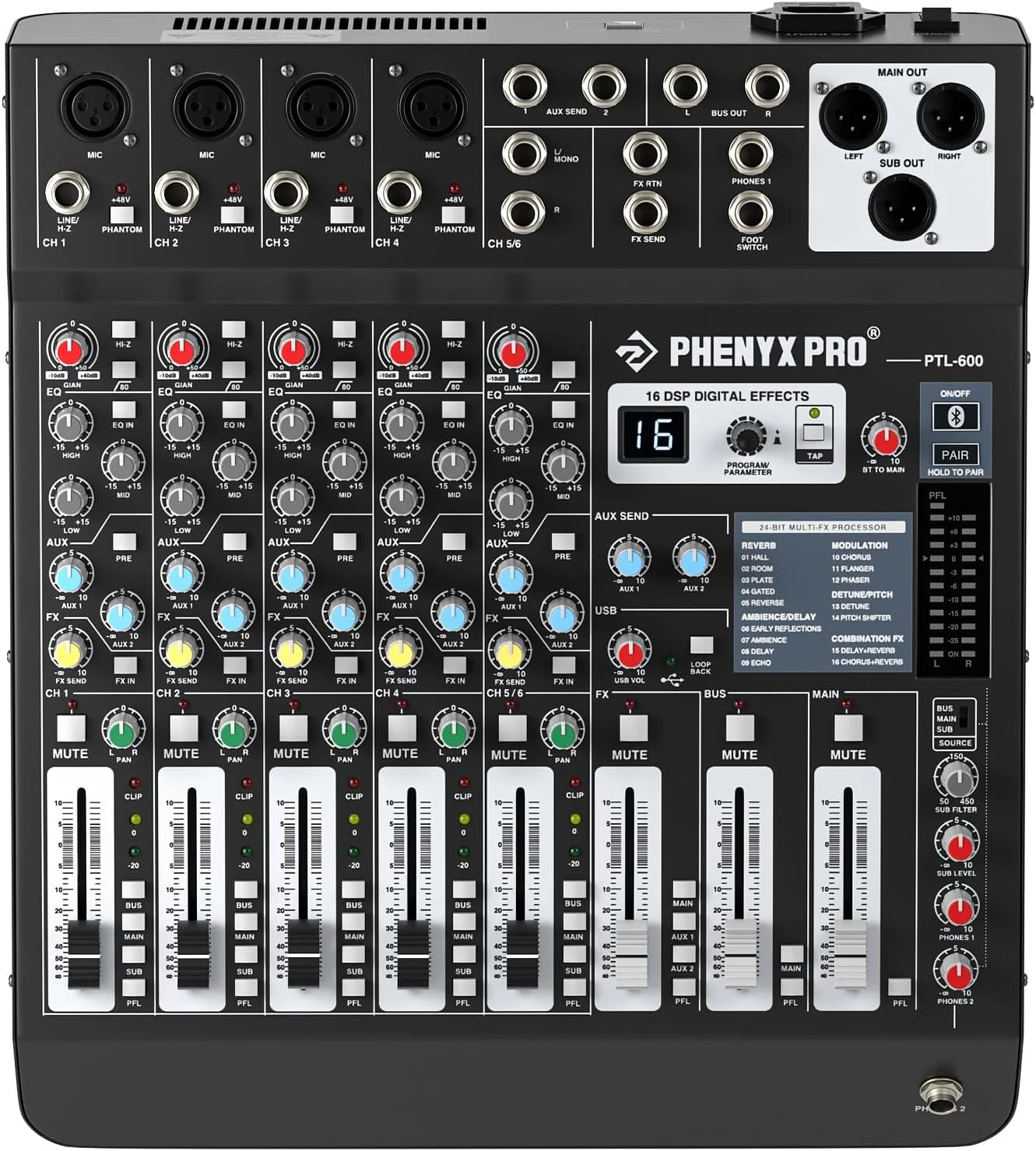 میکسر صدای حرفه ای 6 کاناله، میکسر صدای DJ Phenyx Pro با AUX انعطاف پذیر، BUS، مسیریابی SUB، 16 DSP، استریم BT و ضبط USB-B PC، کنسول میکس برای استیج، استودیوی خانگی (PTL-600)