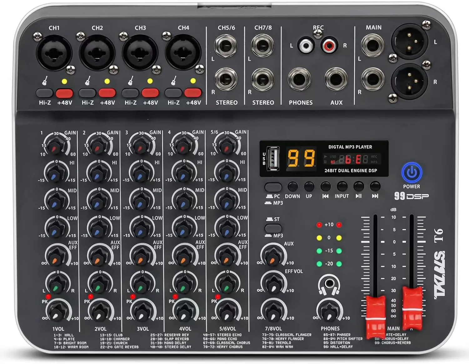میکسر صدا استودیویی TKLBLS، میکسر ضبط غیرفعال 6 کاناله با رابط صوتی USB، میکسر DJ با فانتوم پاور 48 ولت برای KTV، نمایش های زنده، استریمینگ، کنفرانس ها