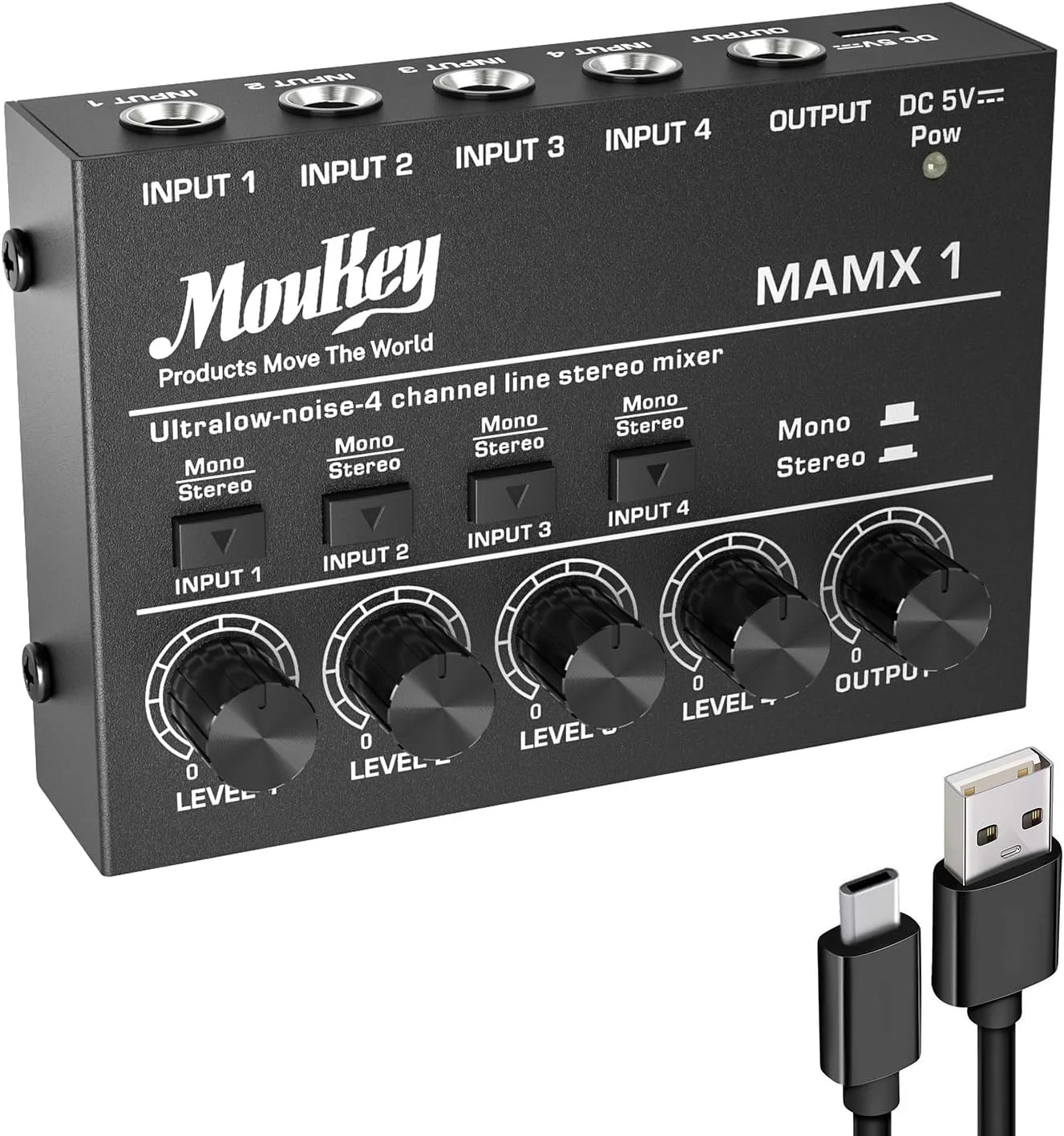 میکسر صدای کوچک Moukey، DC 5V، 4 استریو فوق العاده، میکسر خط 4 کاناله کم نویز برای زیر میکس، برای کلوپ ها یا بارهای کوچک، به عنوان میکسر گیتار، باس، کیبورد، MAMX1