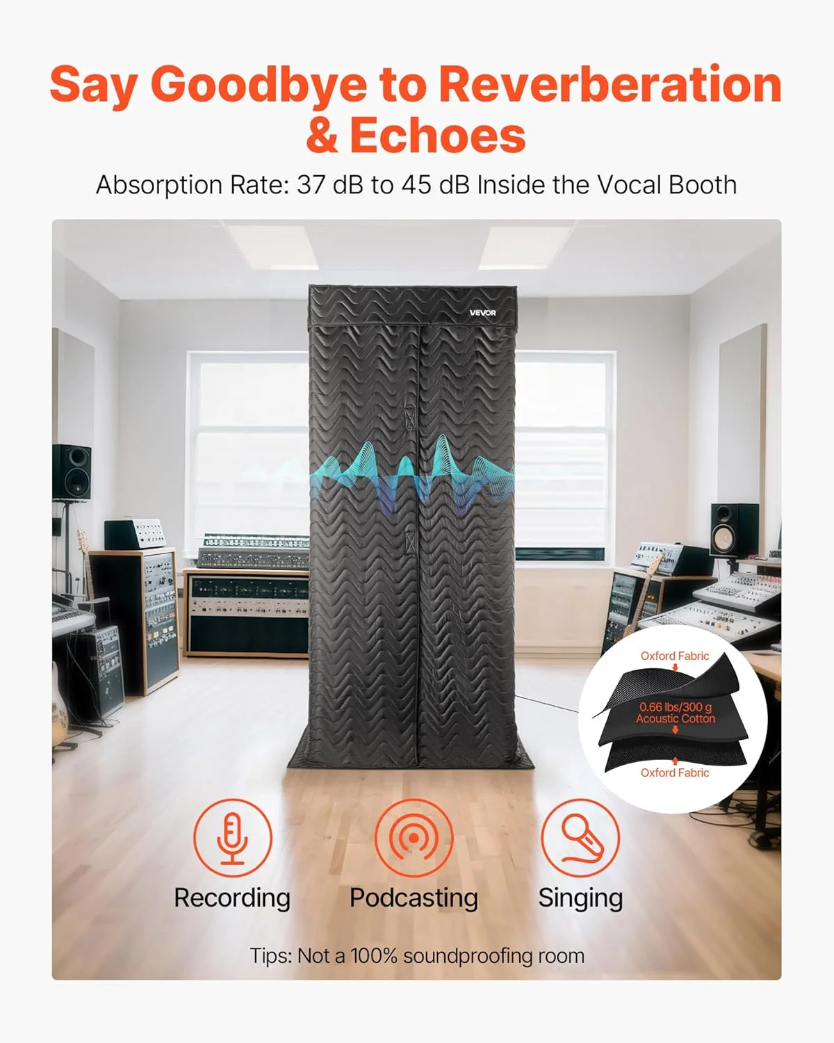 اتاقک آکوستیک قابل حمل VEVOR، ارتفاع 2 متر، استودیوی ضبط قابل حمل با کیف حمل، پایه تبلت متحرک، عایق صدای ضخیم، اتاقک ایزوله صدا برای وکال بدون اکو، پادکست ها، صداگذاری