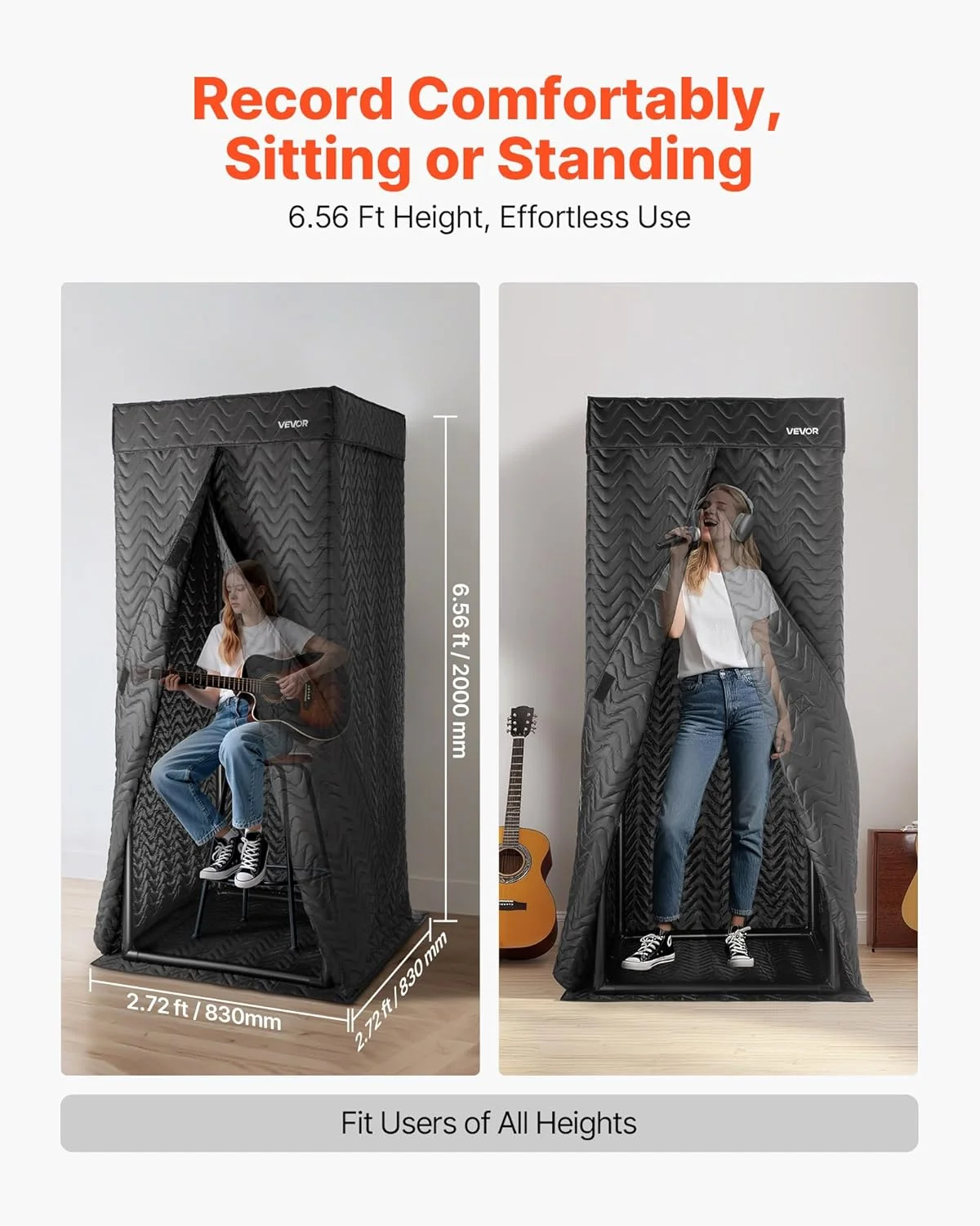 اتاقک آکوستیک قابل حمل VEVOR، ارتفاع 2 متر، استودیوی ضبط قابل حمل با کیف حمل، پایه تبلت متحرک، عایق صدای ضخیم، اتاقک ایزوله صدا برای وکال بدون اکو، پادکست ها، صداگذاری