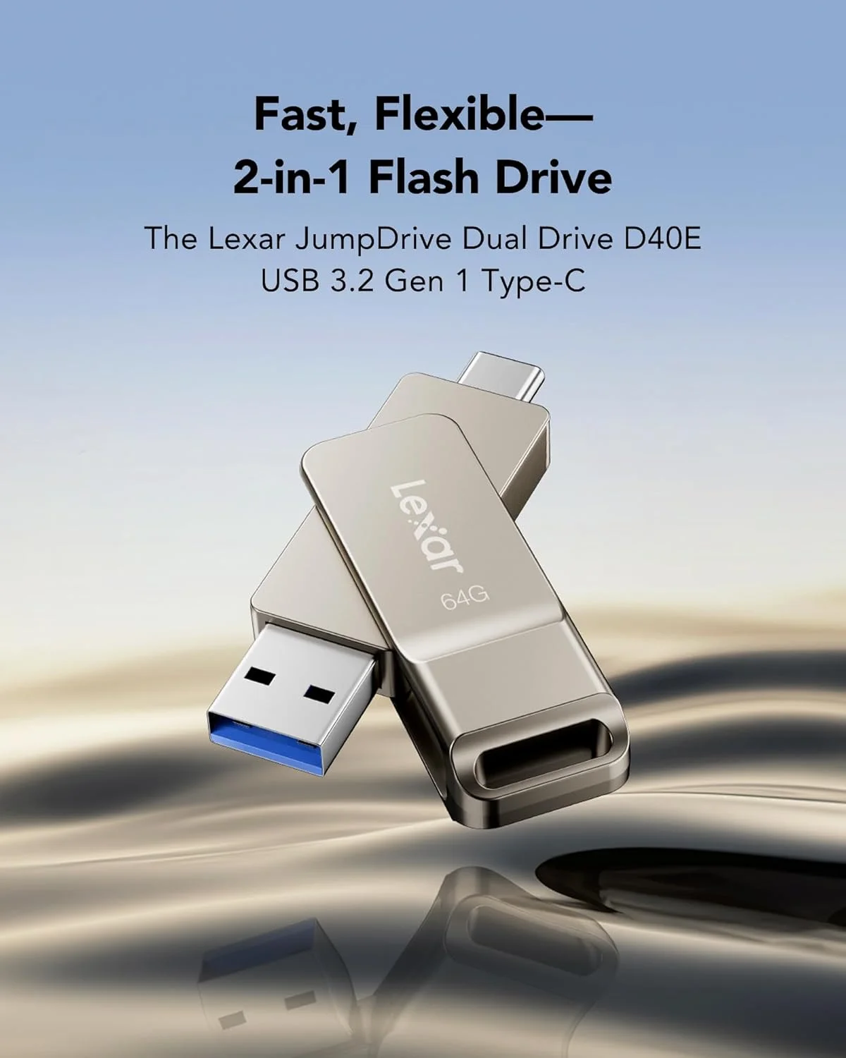 فلش مموری دوگانه Lexar D40E با ظرفیت 64 گیگابایت، USB 3.2 Gen 1 Type-C، طراحی چرخشی فلزی، سازگار با iPhone 16
