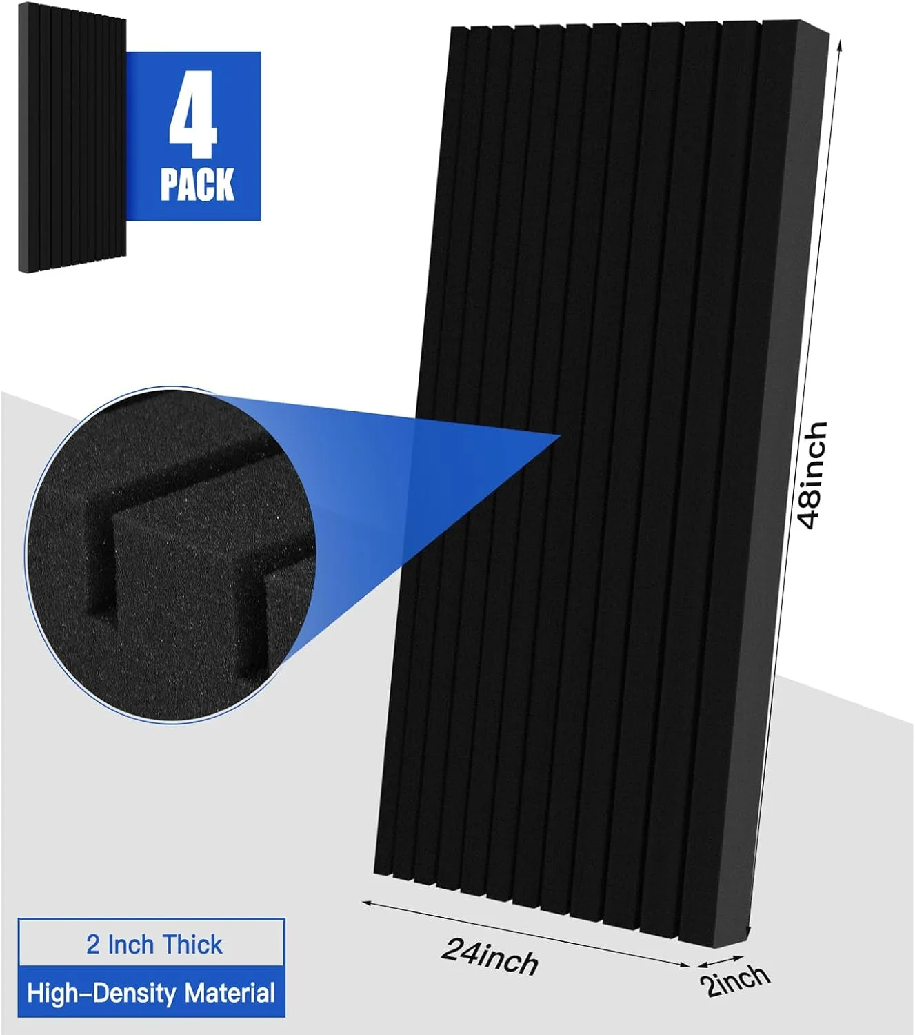 پنل های فوم آکوستیک 4 عددی، 122x61x5 سانتی متر، پنل های دیواری فوم عایق صدا با چگالی بالا برای دیوار، سقف، پنل های کاهش نویز برای دفتر، استودیو و خانه (مشکی 4 عددی، 122x61x5 سانتی متر)