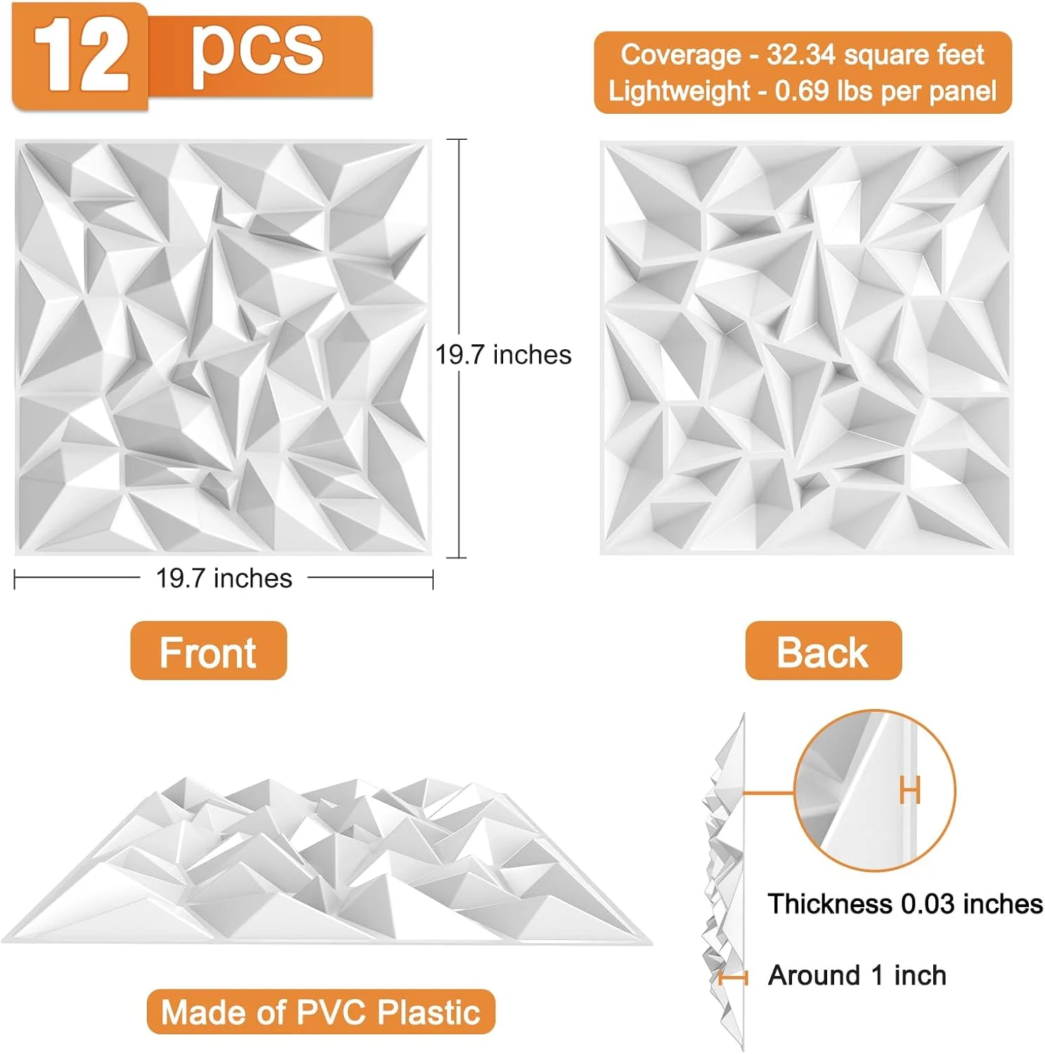 پنل های دیفیوزر آکوستیک TroyStudio، 50x50x2.5 سانتی متر، 12 عدد، پلاستیک PVC سفید، پنل دیواری سه بعدی، پنل دیفیوزر آکوستیک استودیو ضبط، تایل های سقفی تزئینی هنری
