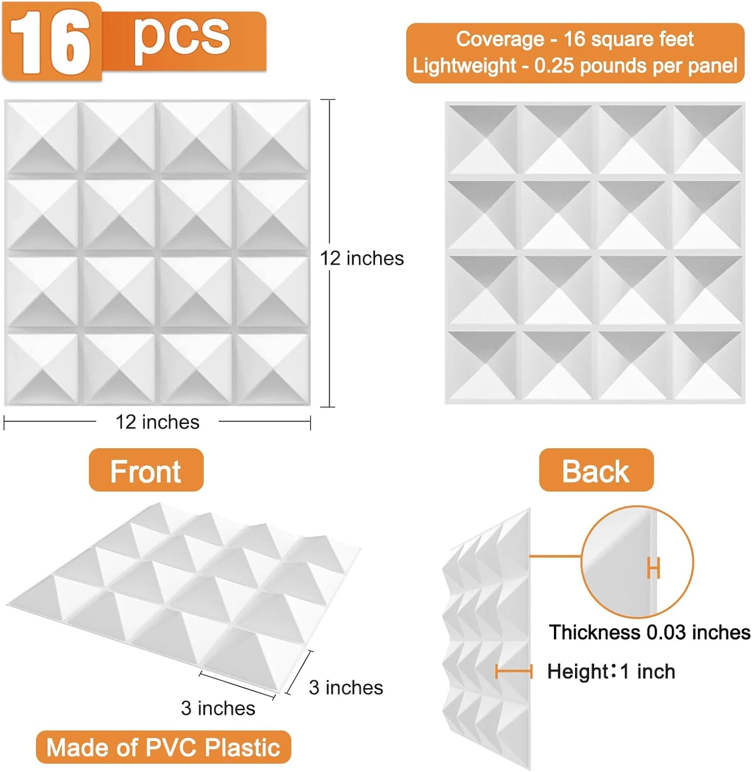 پنل های دیفیوزر صوتی TroyStudio، 12 X 12 X 1 اینچ 16 عدد پنل دیواری پلاستیکی PVC، پنل دیفیوژن آکوستیک استودیو ضبط، کاشی های سقفی تزئینی هنری سه بعدی (هرمی، سفید)
