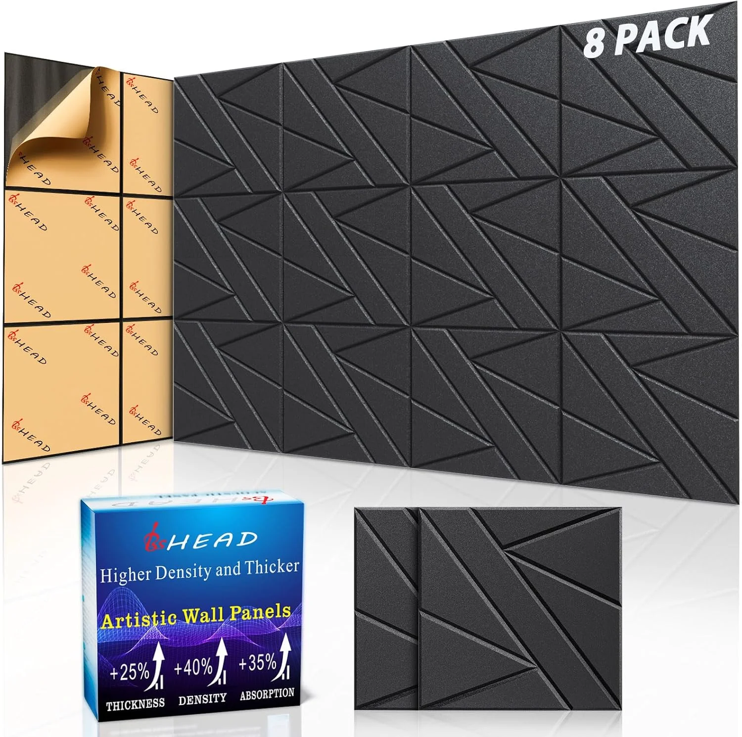 8 تکه پنل دیواری عایق صدا خود چسب، 30x30x1.2 سانتی متر پنل فوم عایق صدا برای دیوارها، تراکم بالا، ضخیم تر 1.2 سانتی متر، پنل آکوستیک، پنل دیواری پوست کنده و چسباندنی استودیو مشکی