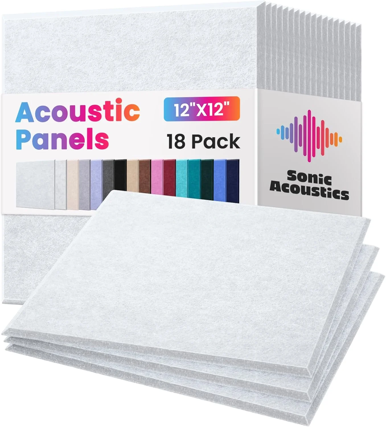 پنل های عایق صوتی 18 عددی Sonic Acoustics، پنل های آکوستیک خود چسب، پنل های دیواری جاذب صدا با چگالی بالا 30x30x1 سانتی متر برای خانه، دفتر، استودیو و اتاق های ضبط (مربع سفید)